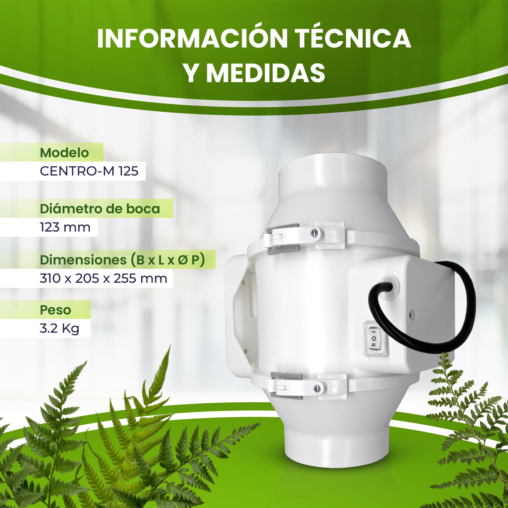 GROWMANIA Extractor de aire TT para cultivos de 125 MM | Kit Extractor Olor con Caudal de aire 220 m³/h ideal para Armarios de Cultivo | Fácil de instalar | 2 Velocidades | Silencioso