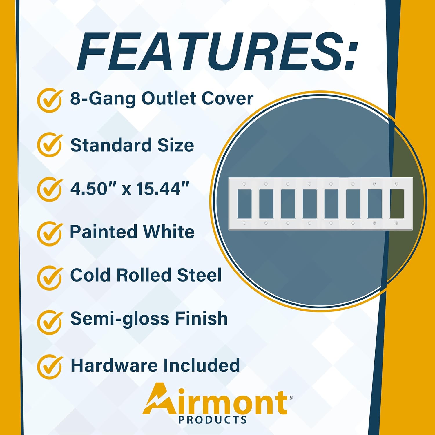 (1 Pack) 8-Gang Rocker Switch Cover, Decorator Light Switch or Receptacle Outlet Wall Plate, White Painted Metal, 8-Gang Standard Size, 4.5 x 15.44'', Corrosion Resistant, Made of Unbreakable Metal