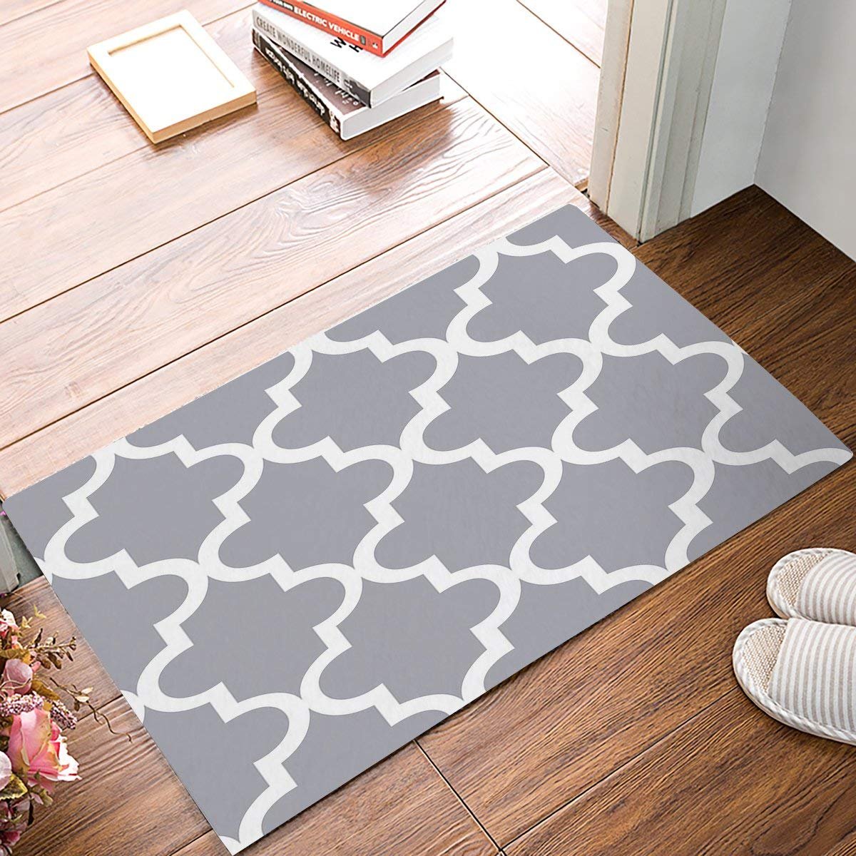 Moroccan Trellis Doormat, Plaid Geometric Pattern Grey Indoor/Outdoor Non-slip Rubber Welcome Mats Floor Rug for Bathroom/Front Entryway
