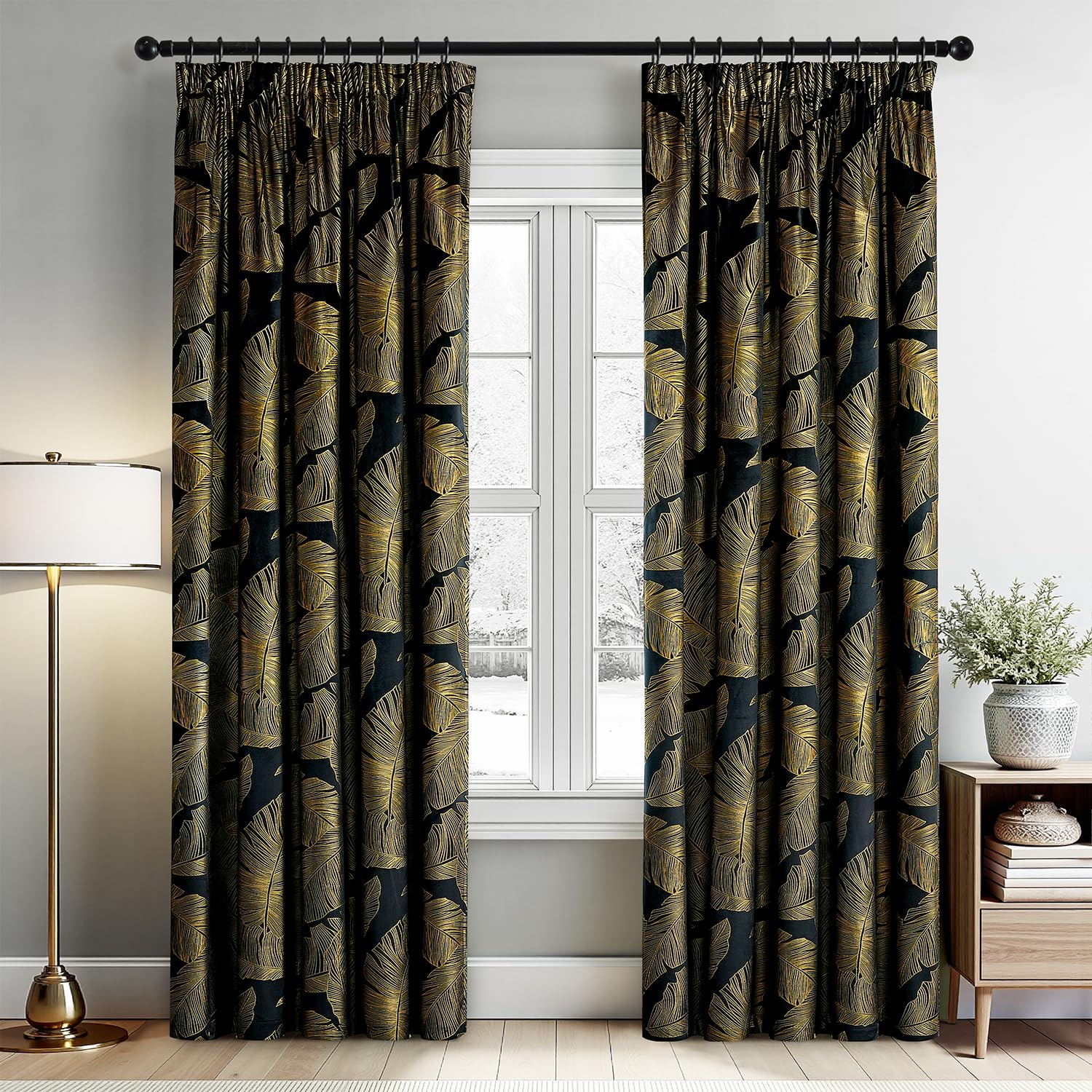 MIULEE Fluwelen gordijnen voor slaapkamer interieur bedrukte raamgordijnen goud voor woonkamer tweepersoonsbed decoratie met ringen 2 panelen 140 x 160 cm zwart