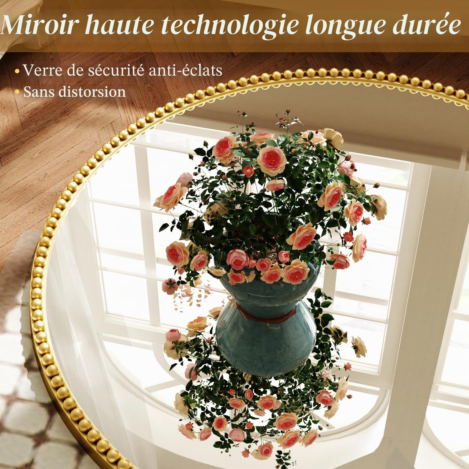 Koonmi Miroir mural rond 70 cm Petit cadre de perles en verre trempé Convient pour chambre à coucher, salle de bain, etc., Doré