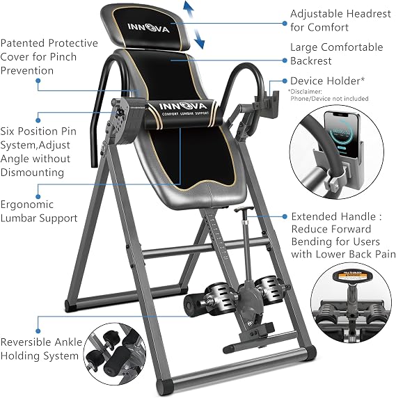 Innova Health and Fitness Inversion Table with Adjustable Headrest, Reversible Ankle Holders, and 300 lb Weight Capacity - Premium A