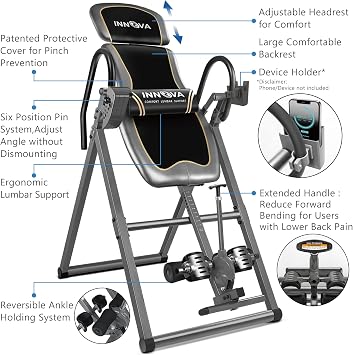Innova Health and Fitness Inversion Table with Adjustable Headrest, Reversible Ankle Holders, and 300 lb Weight Capacity - Premium A