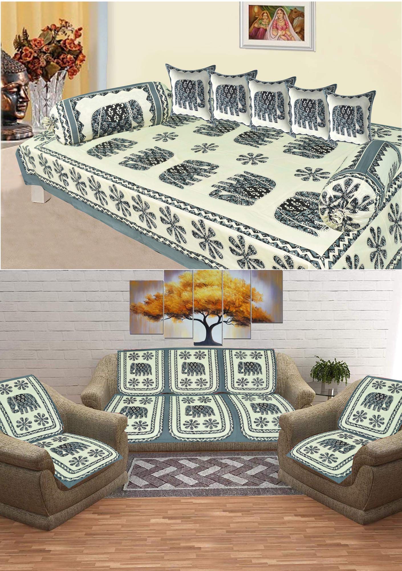 SkyKross - Everyday A New Thing Veda Cream Special Hathi Pure Cotton ROOMSET |Diwan Set+ Sofa Set| Single Bedsheet, 2 Bolster Covers, 5 Cushion Covers and Five Seater Sofa Cover Set (Black)