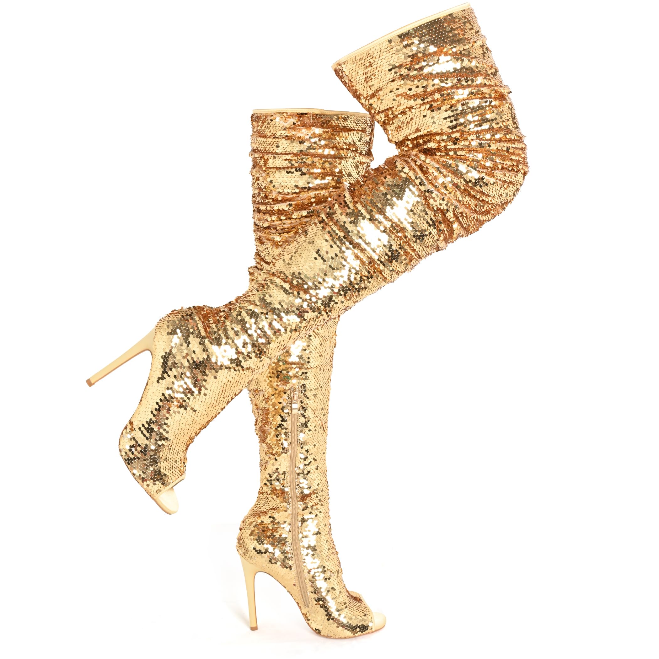 CAMSSOO Thigh High Boots for Women Sequin Open Toe Sparkly Stiletto Over The Knee Boots
