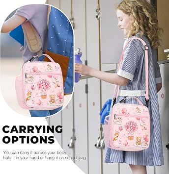 Clastyle Pink Insulated Kids Lunch Bag Large Thermal Cooler Bag for Girl Picnic School Lunch Box Tote,Balloon Animal