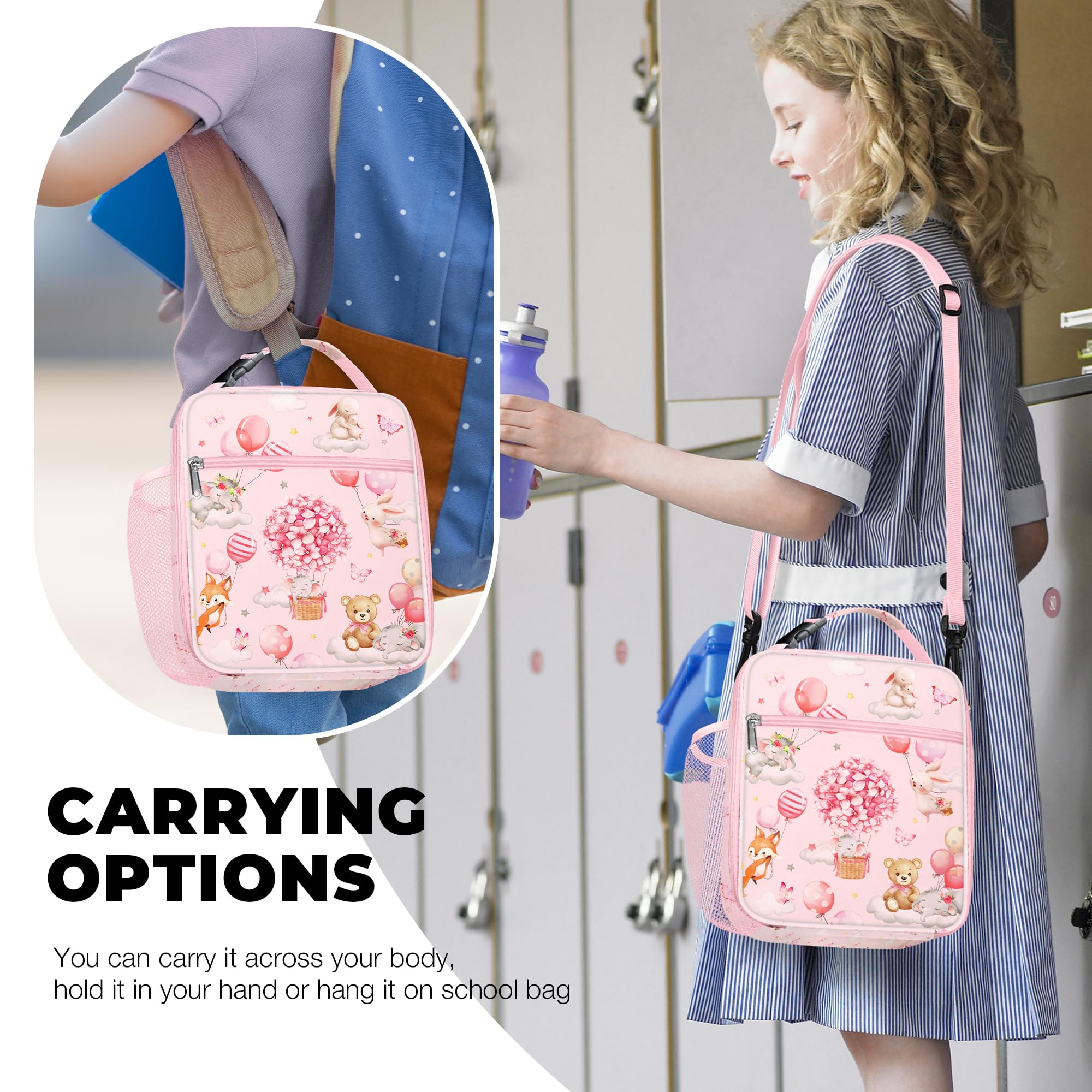Clastyle Pink Insulated Kids Lunch Bag Large Thermal Cooler Bag for Girl Picnic School Lunch Box Tote,Balloon Animal - Image 2