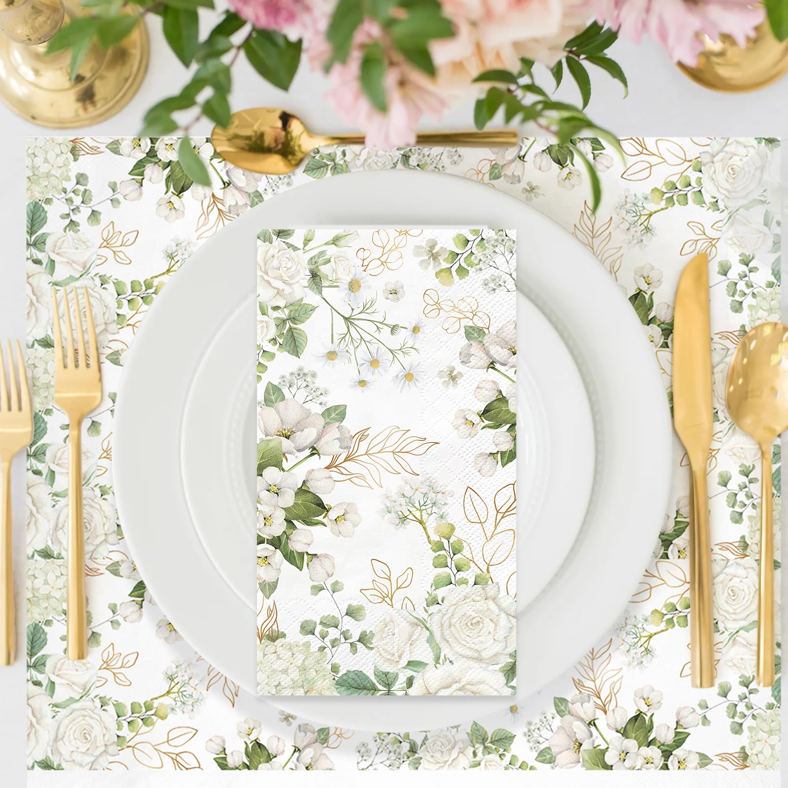 100 servilletas de papel florales blancas de 3 capas, desechables, para baño, flores de primavera, servilletas de invitados, servilletas de cena floral para boda, novia, baby shower, cumpleaños