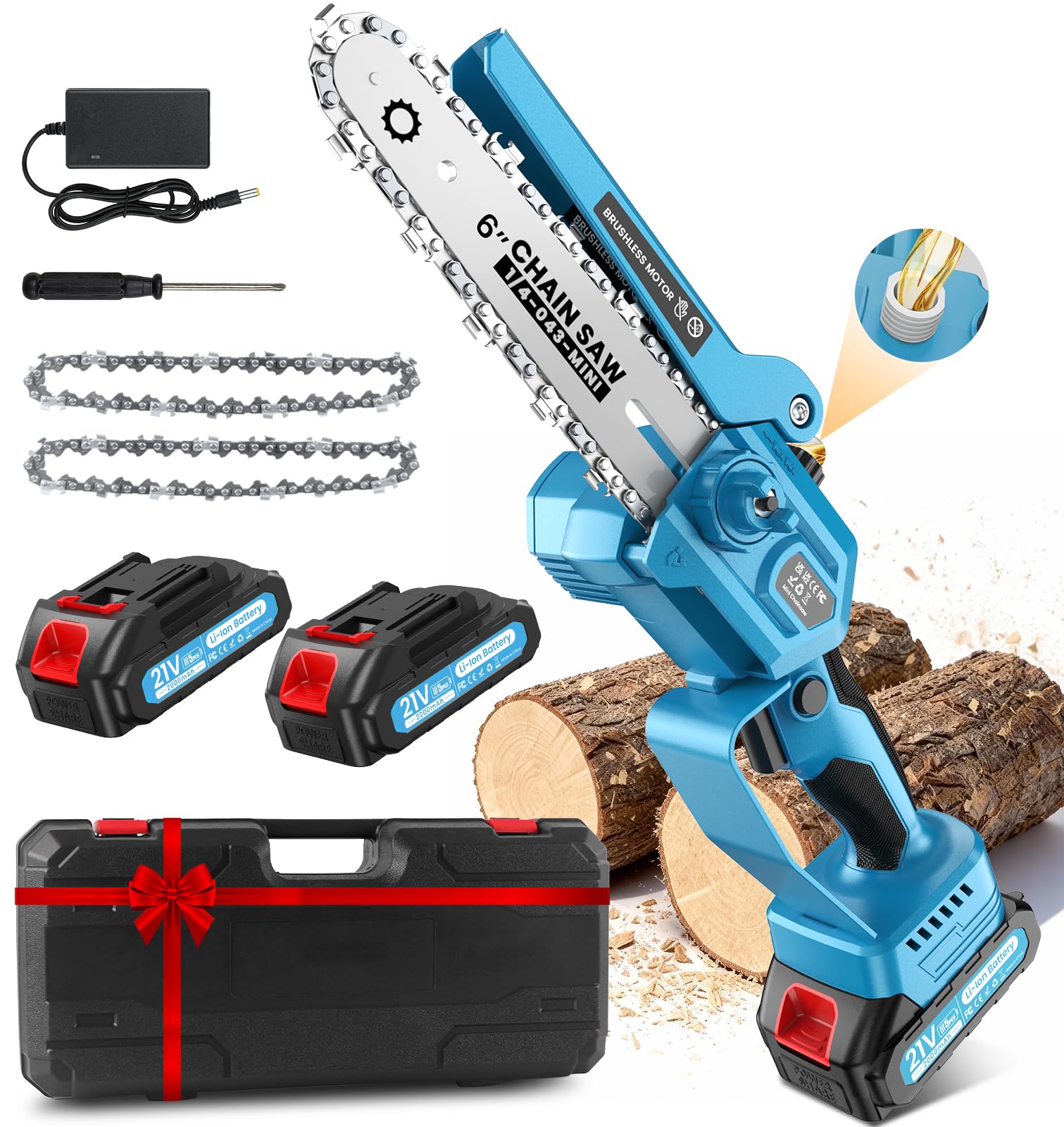 Mini Tronconneuse à Batterie 4000mAh, 1000W & 6 Pouces Tronçonneuse Électrique Sans Fil avec Graisseur Automatique & 2 Chaînes, Mini Tronçonneuse pour Branches et Jardin, Compatible avec Makita 18V | Tronçonneuse électrique portable avec 2 batteries, 1000