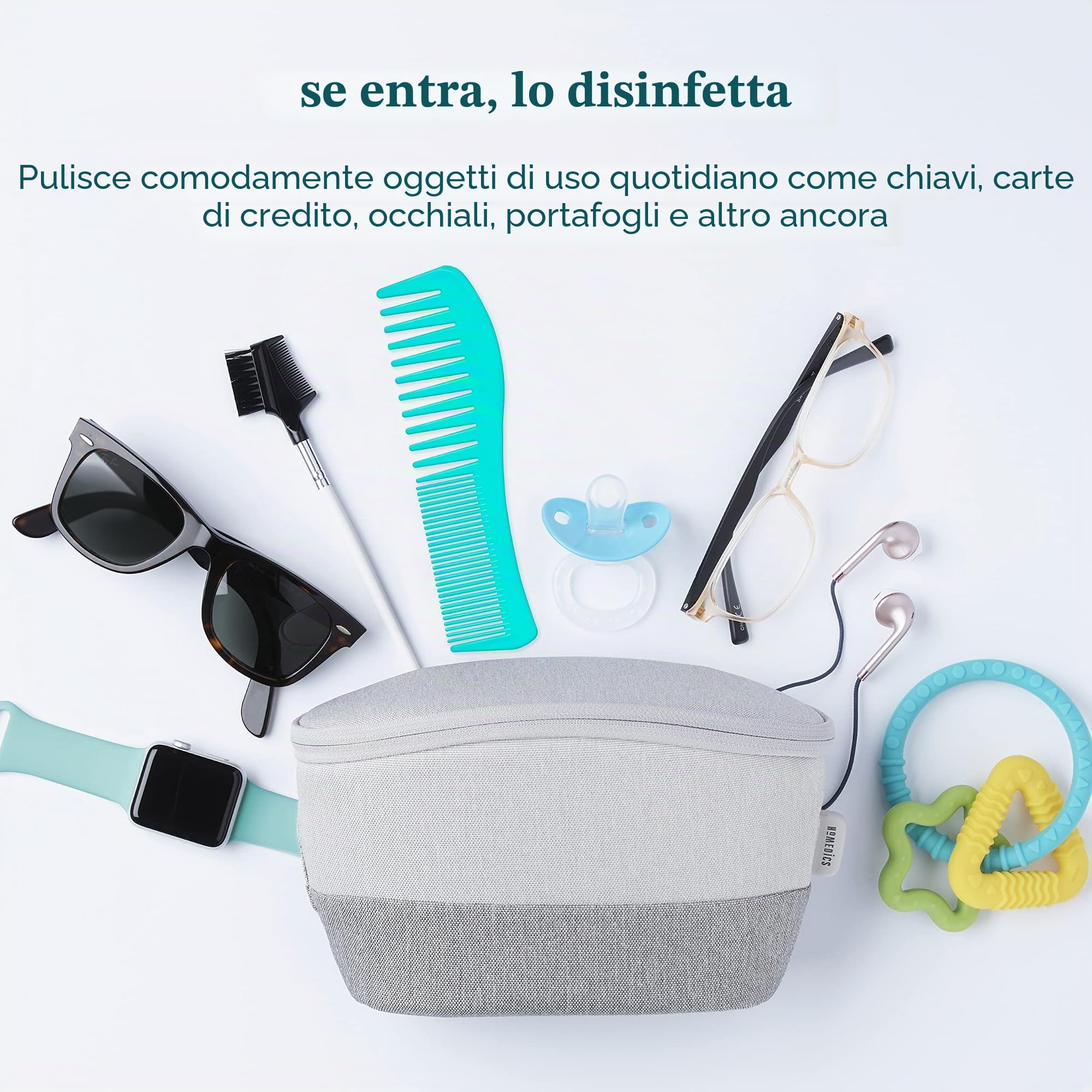Homedics UV-Clean Sterilizzatore Portatile per Smartphone, Ciuccio, Chiavi, Occhiali, Disinfettante, Uccide fino al 99.9% di Virus e Batteri, Grigio