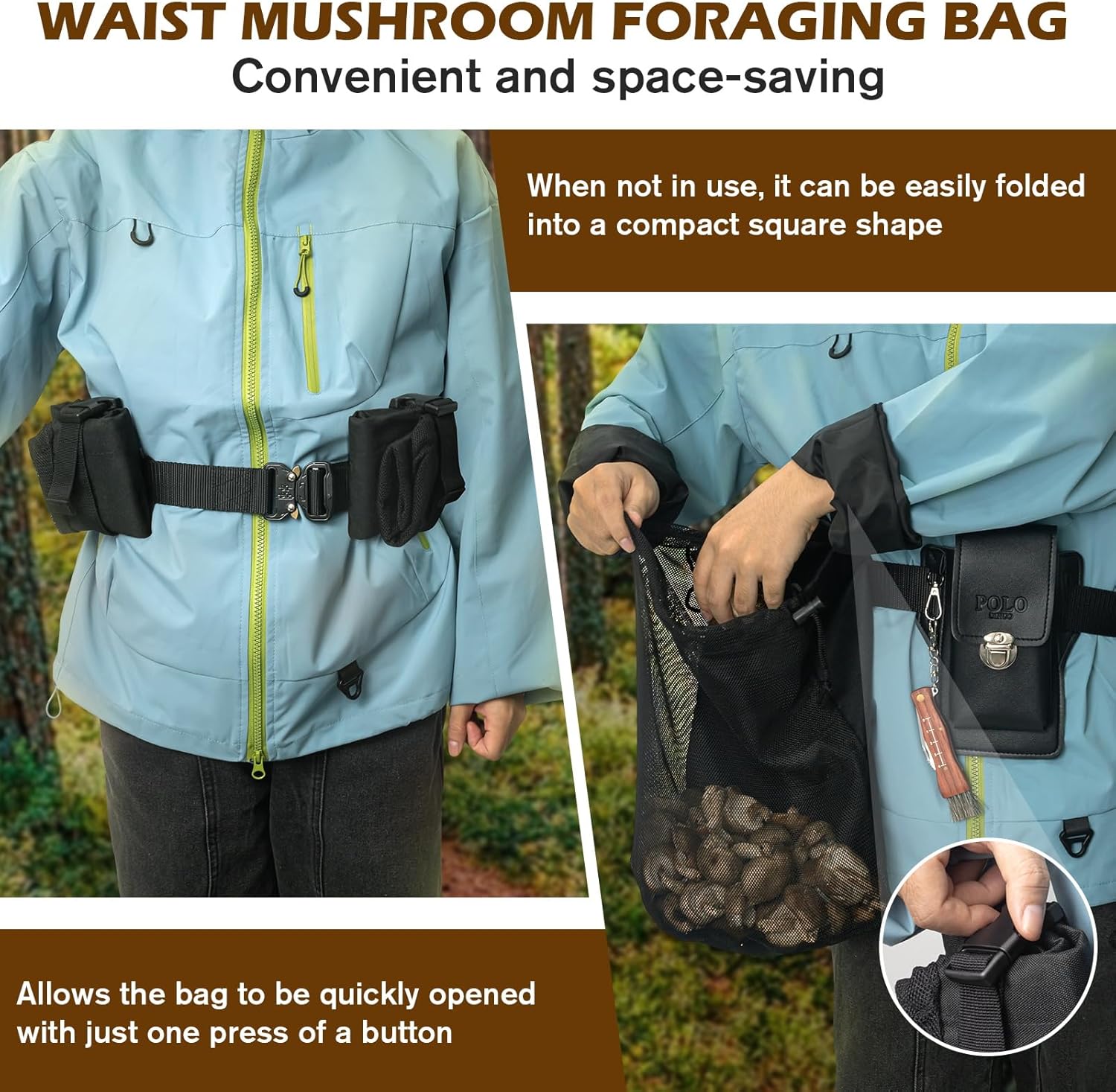 2-Pack Large Mushroom Foraging Bag, Folding Mesh Pouch Berry Pickers, Outdoor Multipurpose Dump Pouch for Belt for Travel Camping Hiking (Black) - Image 3