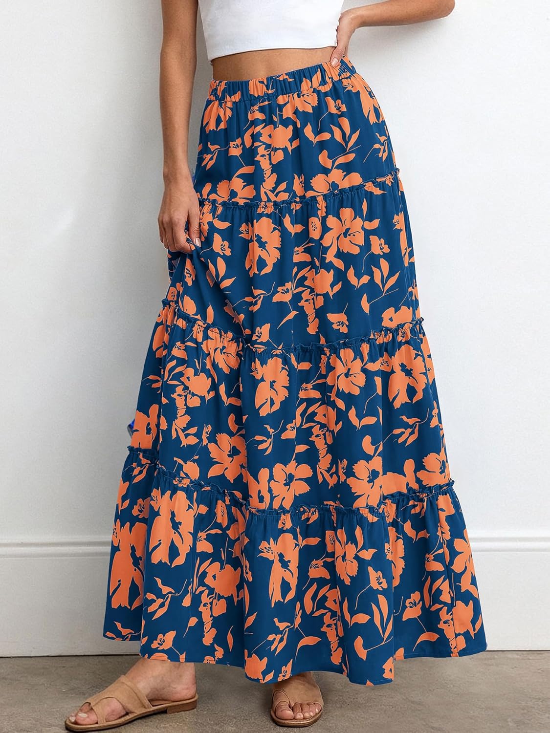 BTFBM Floral Maxi Skirts for Women Summer Spring 2026 Elastic Waist Tiered Flowy Beach Vacation Boho Midi Long Skirt