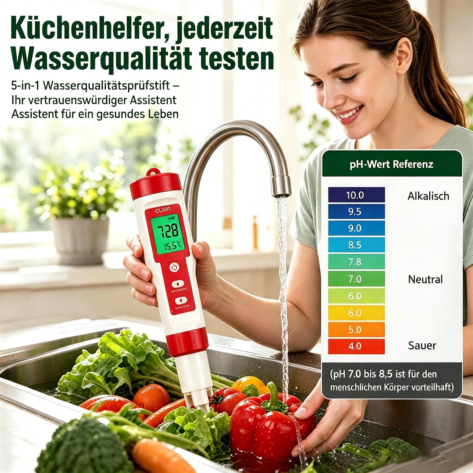 ph und chlor messgerät pool, pH Messgerät Wasser, chlortester pool digital 5 in 1, pH Chlor ORP H2 Temperatur messbar, water tester für Pools Hydrokultur Aquarien Trinkwasser