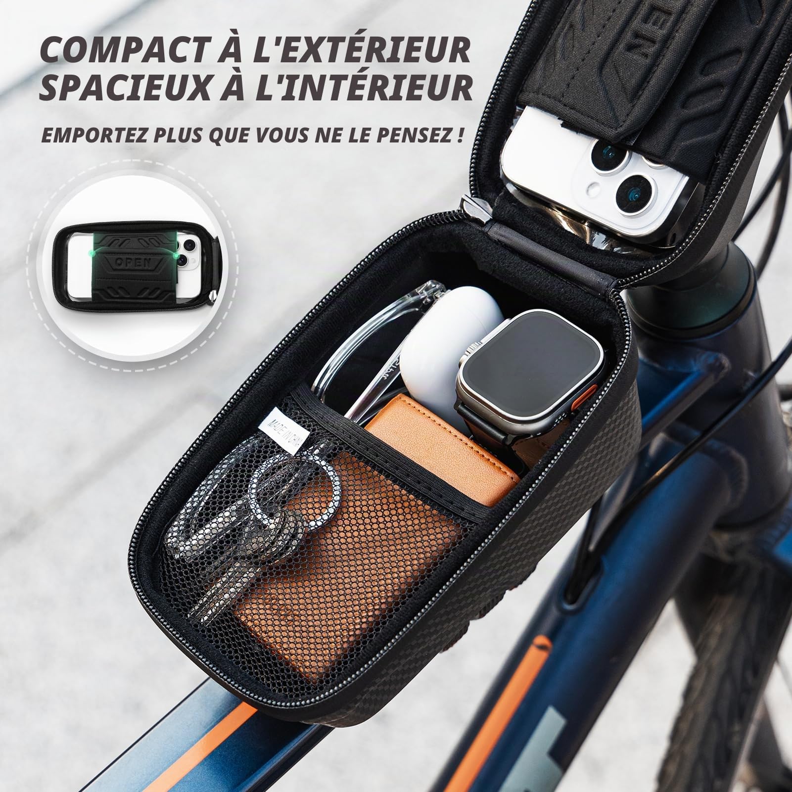 VULKIT Sacoche de Cadre de Vélo à Démontage Rapide, Sacoche de Tube Supérieur de Vélo Ultra Légère et Imperméable avec Écran Tactile, Support Téléphone pour Vélo, Accessoires de Cyclisme pour Vélos de