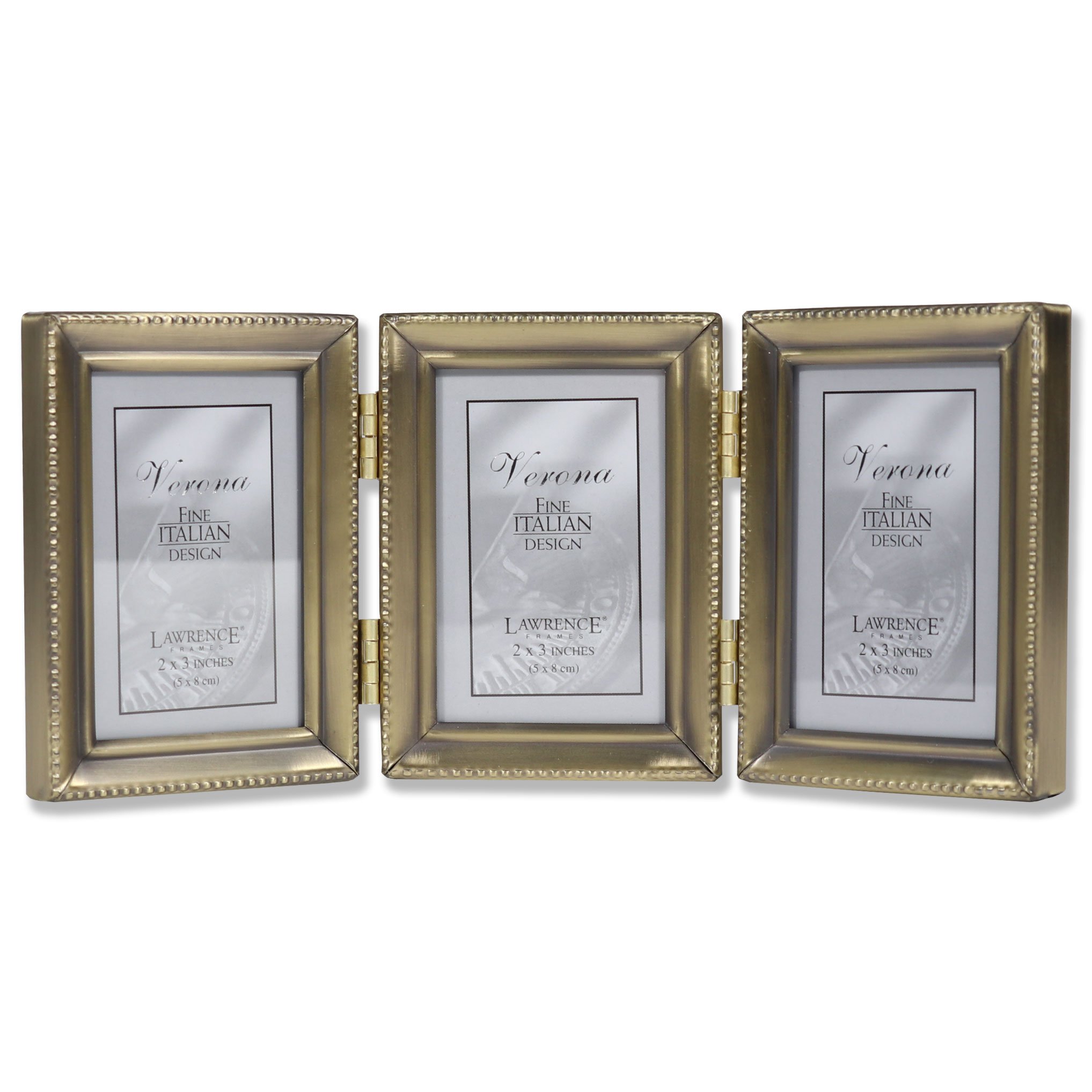 Lawrence Frames 11423T Antique Gold Brass Hinged Triple 2x3 Picture Frame-Beaded Edge Design