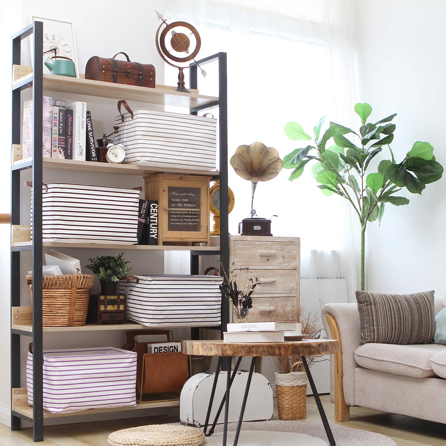 Hinwo 4-Pack Large Canvas Fabric Storage Baskets With Handles, 31L Rectangle Storage Bins, Collapsible Storage Box, Clothes, Toys, Blankets Organizers, 16.5 X 11.8 X 9.8 Inches, (Black Stripe