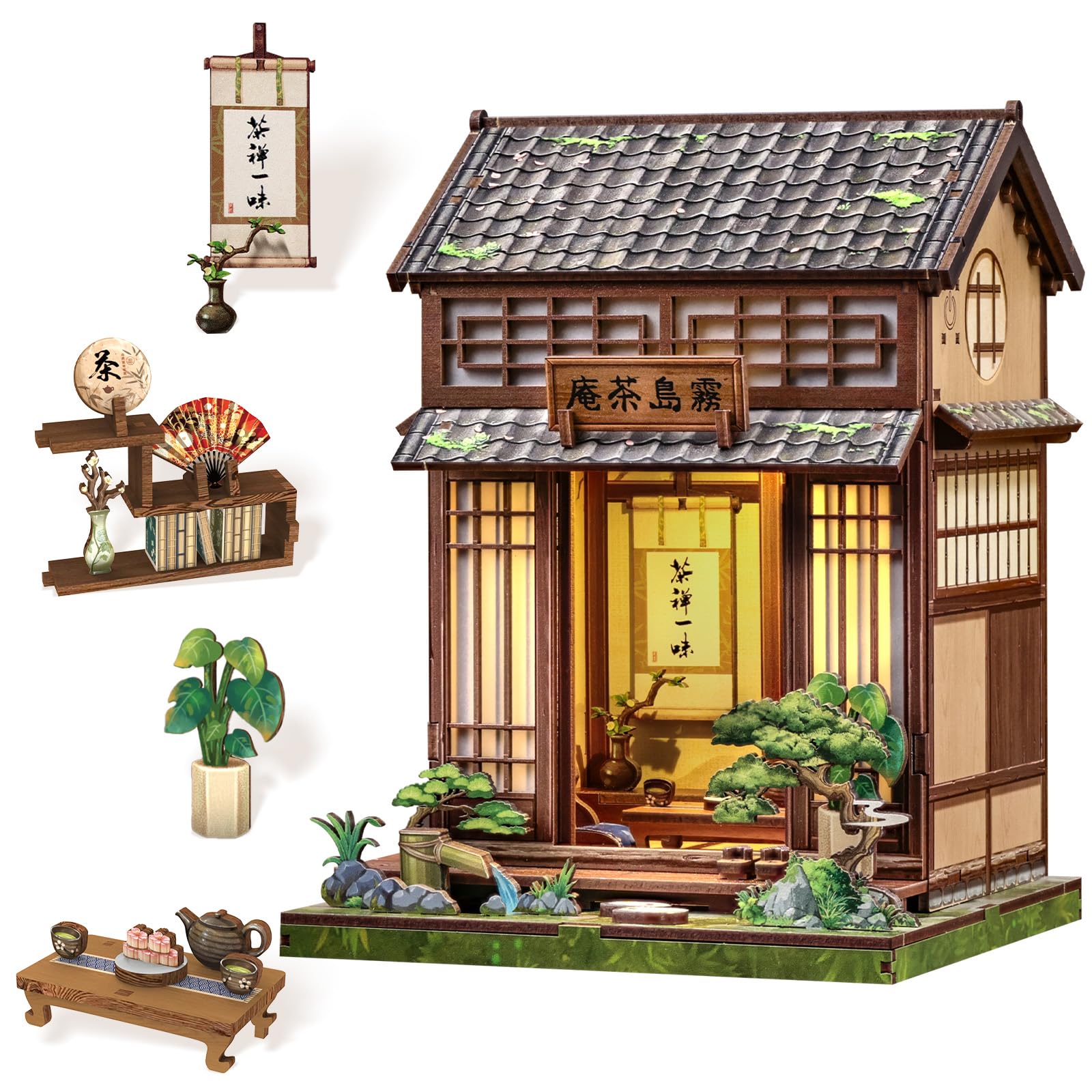 Endless Limit Book Nook Kit - DIY Miniature Japanese Tea House, 3D Wooden Puzzle Dollhouse with LED Lights, Bookend & Bookshelf Decor, Craft Gift for Family & Friends (Kirishima Cha-an) — image 1
