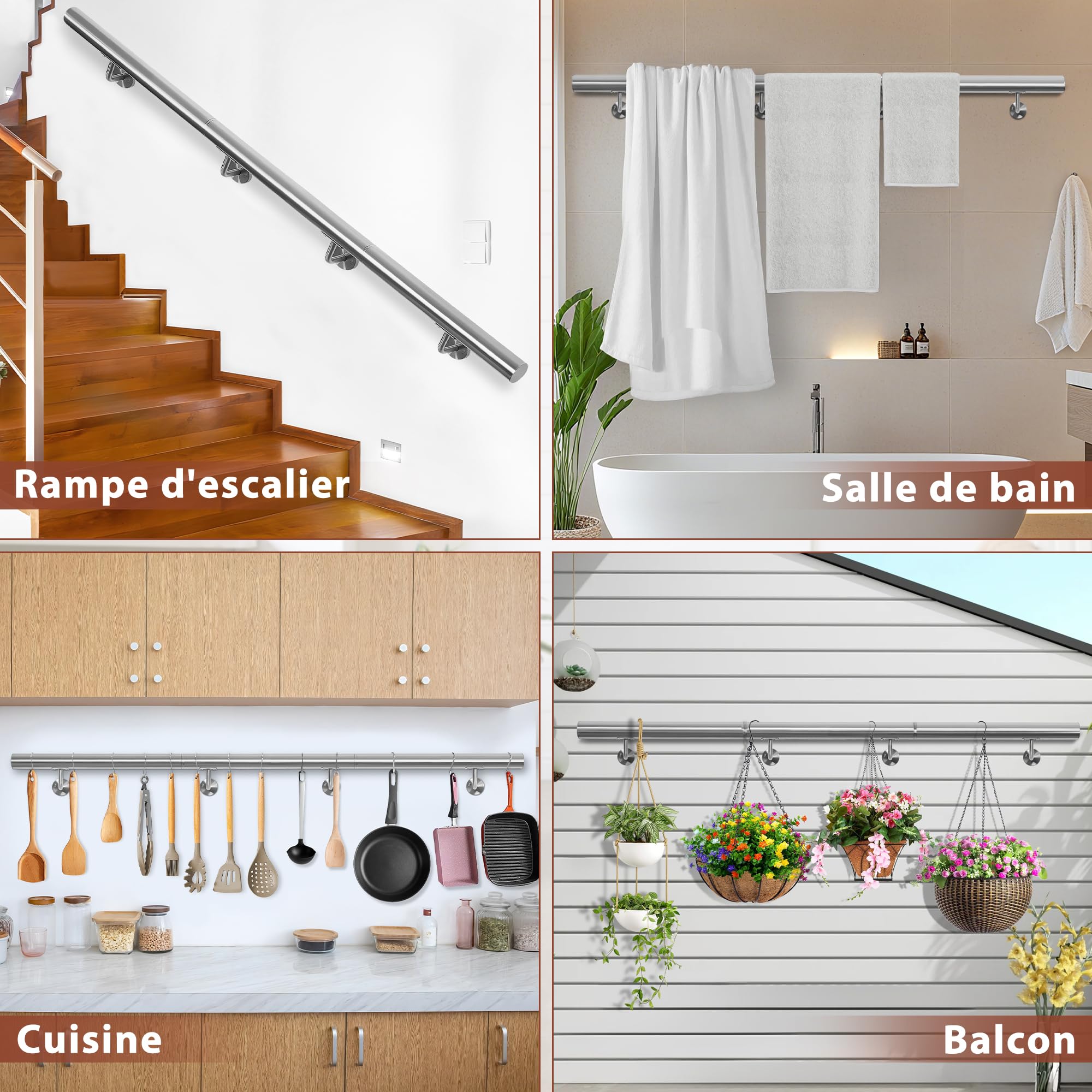 OUUTMEE 250CM Main Courante pour Escaliers en Acier Inoxydable, rond Ø 42 mm, Rampe d'Escalier Murale avec Support, Intérieure/Extérieure Main Courante pour Escaliers/Grenier/Terrasse/Porche et Garage