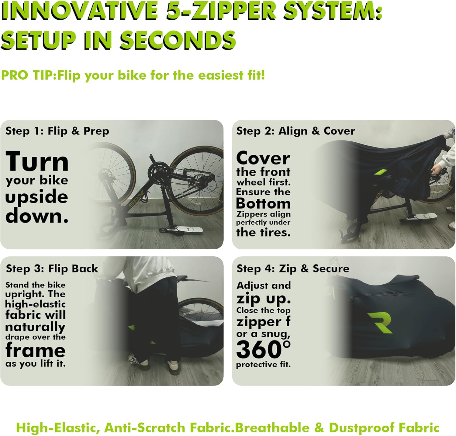 Bike Cover with 5 Zippers, Anti-Scratch Bicycle Storage Guard for Apartment & Garage, Fits Wall Hangers & Car Racks, Dust-Proof Full Protection for Most Bikes (Black)