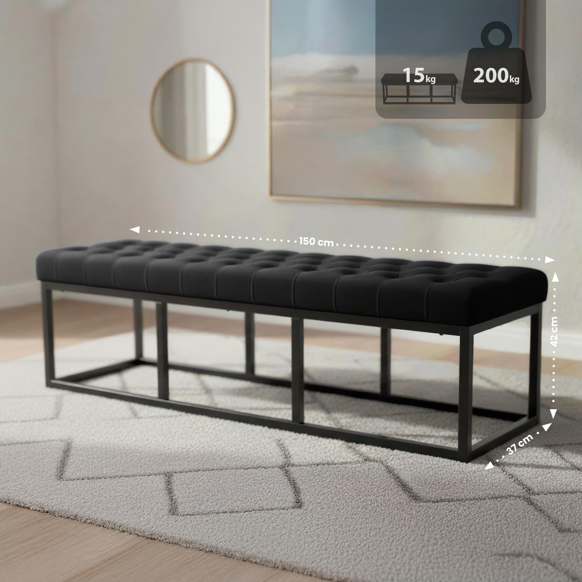 CLP Panca Polson, Moderna, Struttura Nera, Velluto, Trapuntata, Protezioni per Pavimenti, Design, Colore:Nero, Dimensione:150 cm