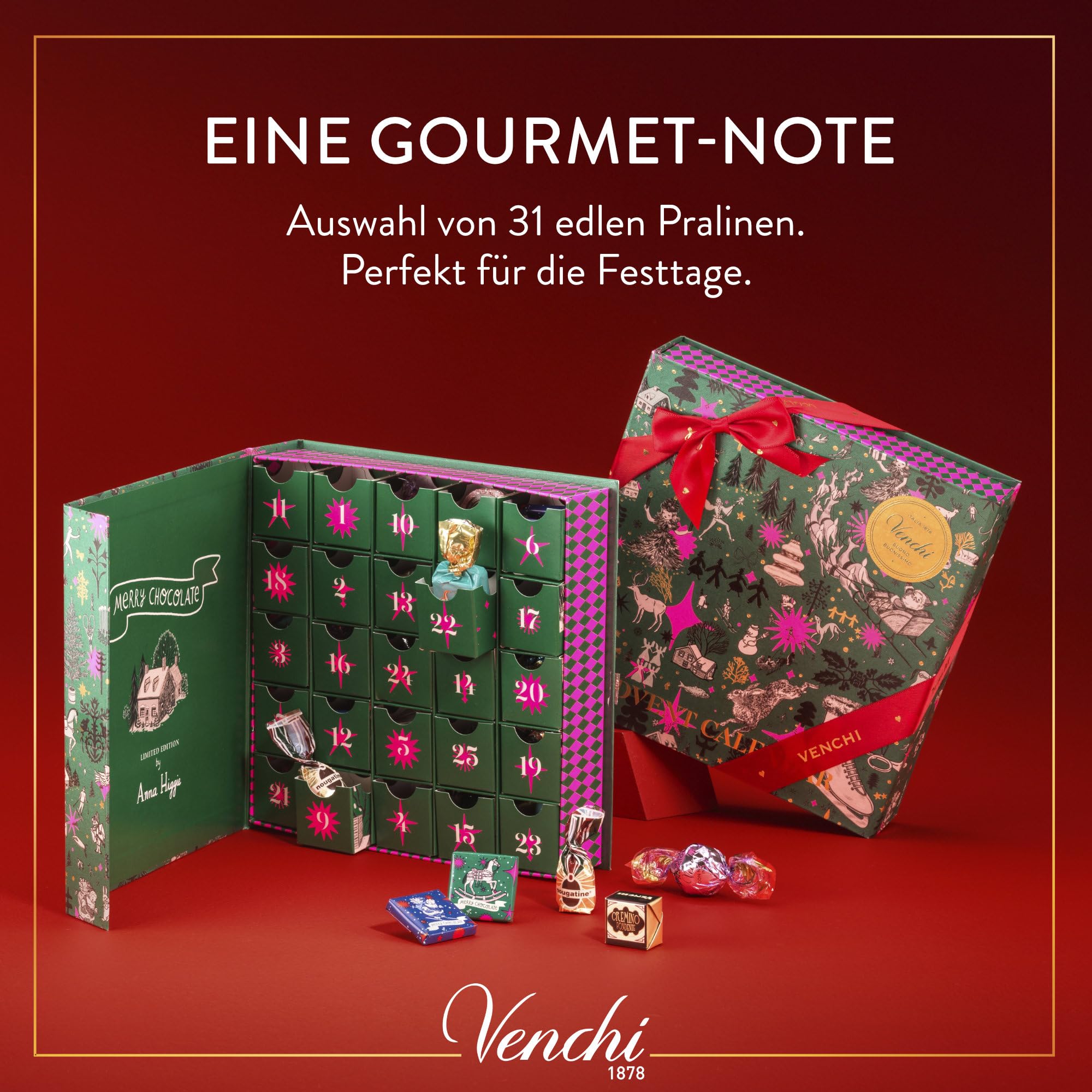 Venchi – Weihnachtskollektion – Adventskalender Prestige, 310 g - 31 Pralinen - Geschenkidee - Glutenfrei