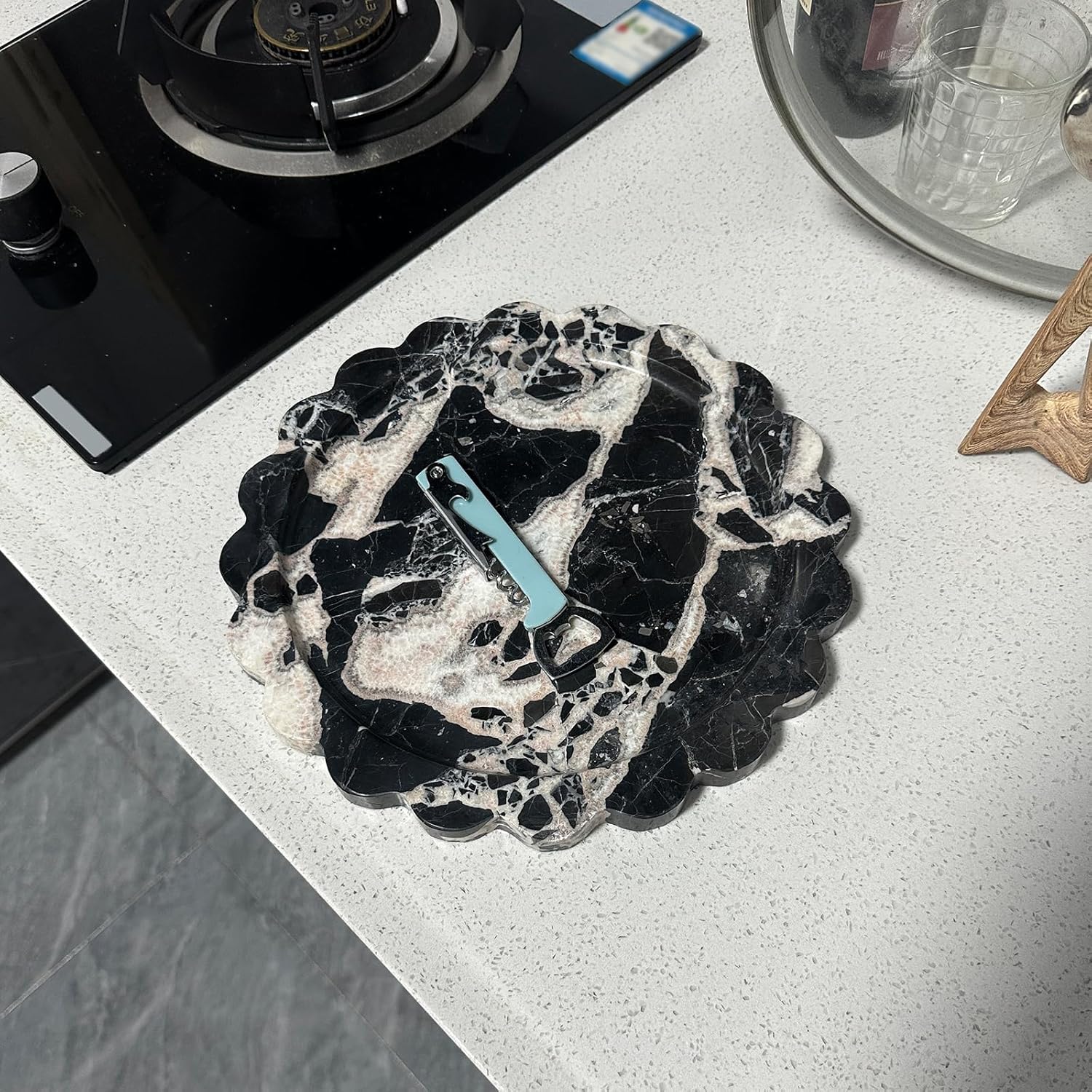 11" Round Marble Tray with Scalloped Edge, Black Marble Decorative Tray for Coffee Table (Black and White)