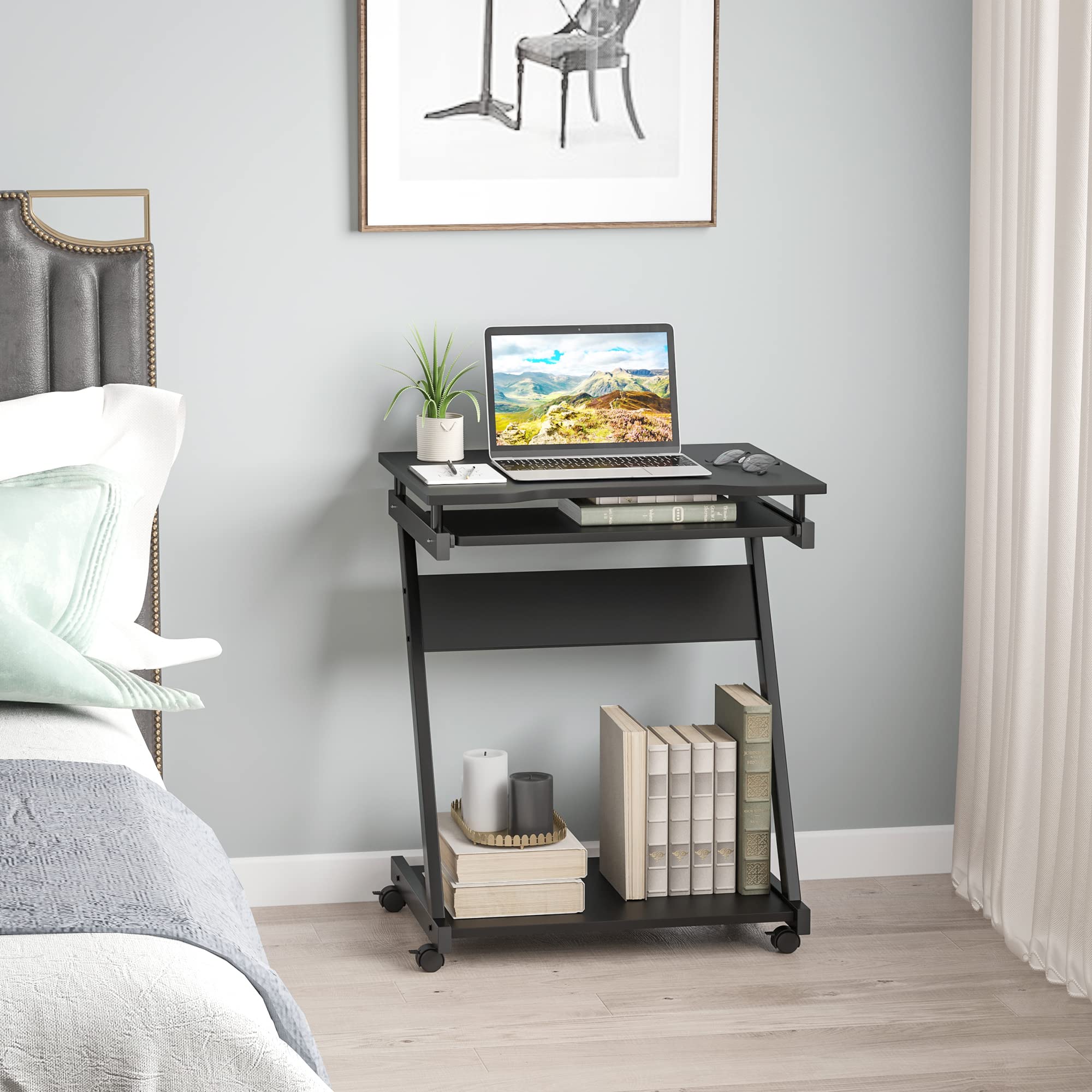 HOMCOM Scrivania per Computer Porta PC Classico e Salvaspazio, Scrivania per cameretta con Piano Tastiera a Scomparsa, 4 Ruote e Ripiano Inferiore Nero 60x48x73cm