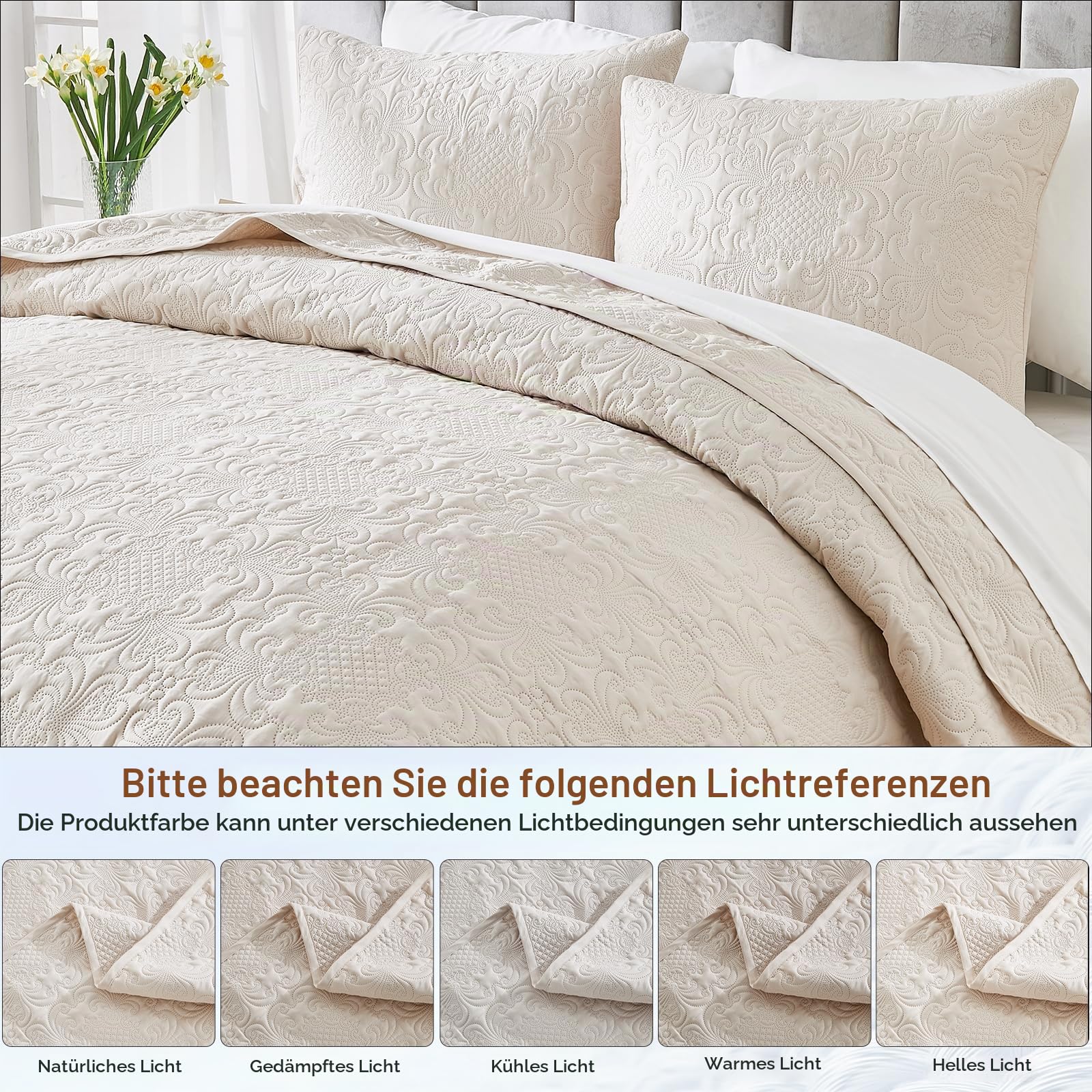 Qucover Tagesdecke Bett 240x260 Beige Bettüberwurf Bedspreads aus Mikrofaser, Tagesdecken Steppdecke Sofa Überwurfdecke Wohndecke für Bett