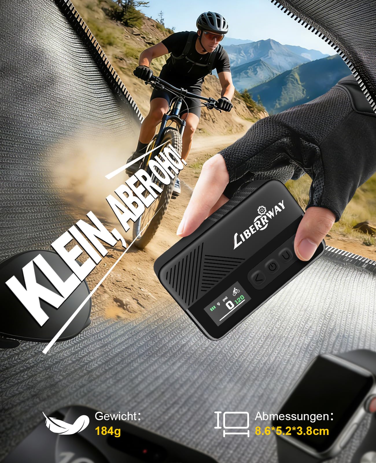 LIBERRWAY Mini Fahrradpumpe, Elektrische Fahrradluftpumpe mit Manometer, 120PSI(4 Maßeinheiten), Presta und Schrader-Ventil, Auto-Off & LED Licht, für Rennrad Mountainbike und Stadtrad