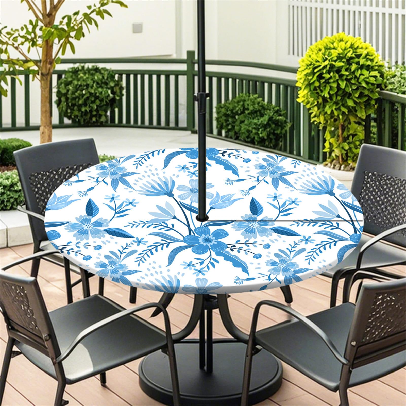 Fasbuy Outdoor Round Tablecloth with Parasol Hole and Zipper, Wipeable Table Cloth Waterproof, Vintage flower printing Tablecloths Elastic Edge for Patio Garden (Blue,S)