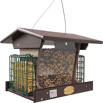 DutchCrafters Poly Hopper Bird Feeder with Suet Holder, Large Bird Feeder for Outdoors Hanging - Amish American Made Milwaukee Brown & Weatherwood