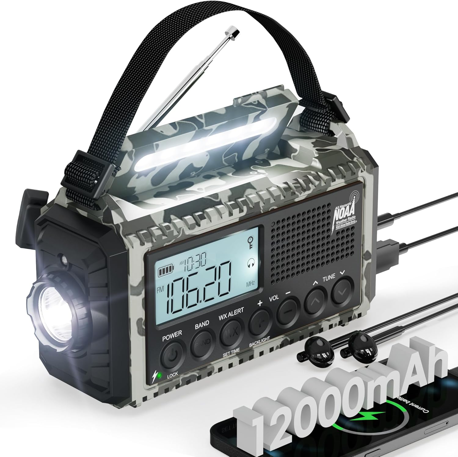 Emergency Radio, Real 12000mAh Long Lasting, Hand Crank for Emergency Power, AM/FM/SW/ 7 NOAA Weather Bands,SOS, Cell Phone Charger, Bright Flashlight, Portable Solar Radio for Outdoor/Survival Kit