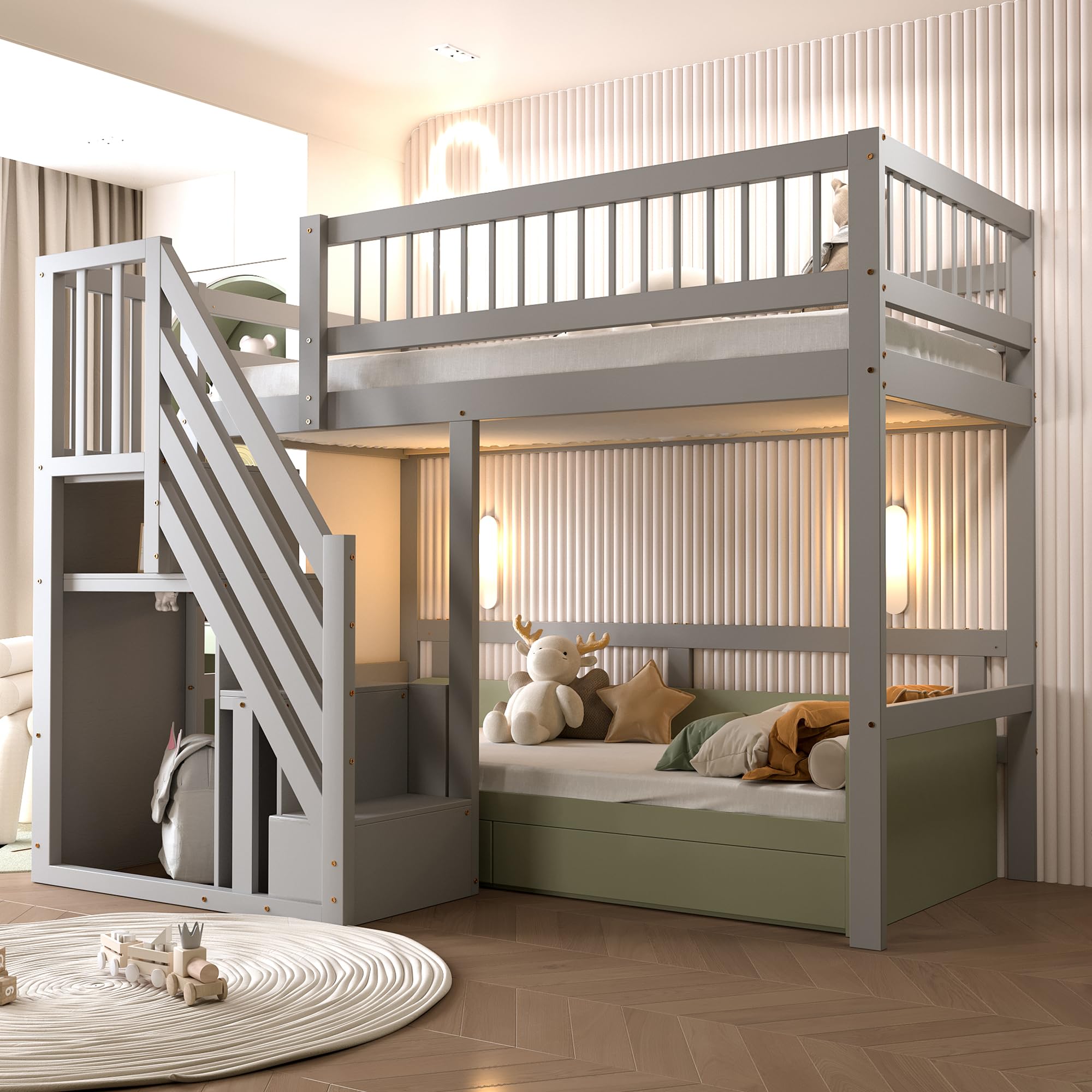 Hochbett 90x200cm, Etagenbett Treppe mit Aufbewahrungs Schrank, Raumfreundliches Design Hochbett für kleine Zimmer oder Gemeinschaftsräume, Grau