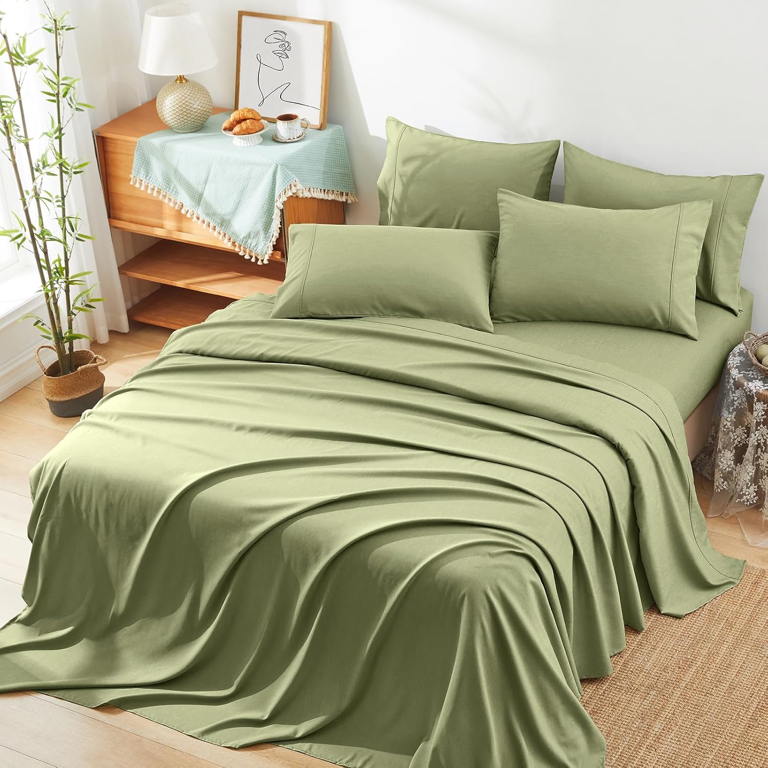 Manyshofu 70% Rayon Derived from Bamboo Sheets Queen Size Bed Sheets - 6 Piece Organic Cooling Sheets Silky Sage Green Queen Sheet Set - Soft Breathable Luxury Bedding Sheet & Pillowcases