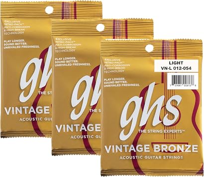 GHS Vintage Bronze Acoustic Guitar Strings 80/15 Bronze Wrap Warm, Woody Vintage Tone Smooth Feel & Balanced Tension USA Made Fresh Sealed - VN-L SET - Light Gauge - .012-.054 - Pack of 3