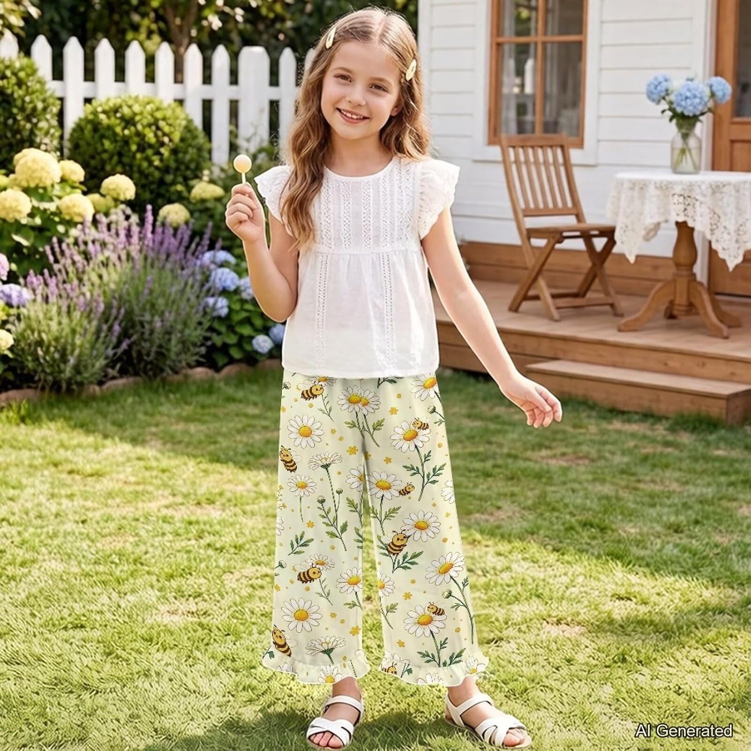 Wanyint Girls' Ruffle Pants Wide Leg Trousers Elastic Waistband Trousers Stretchy Pants Fall Outfits Playwear for 5-14 Y