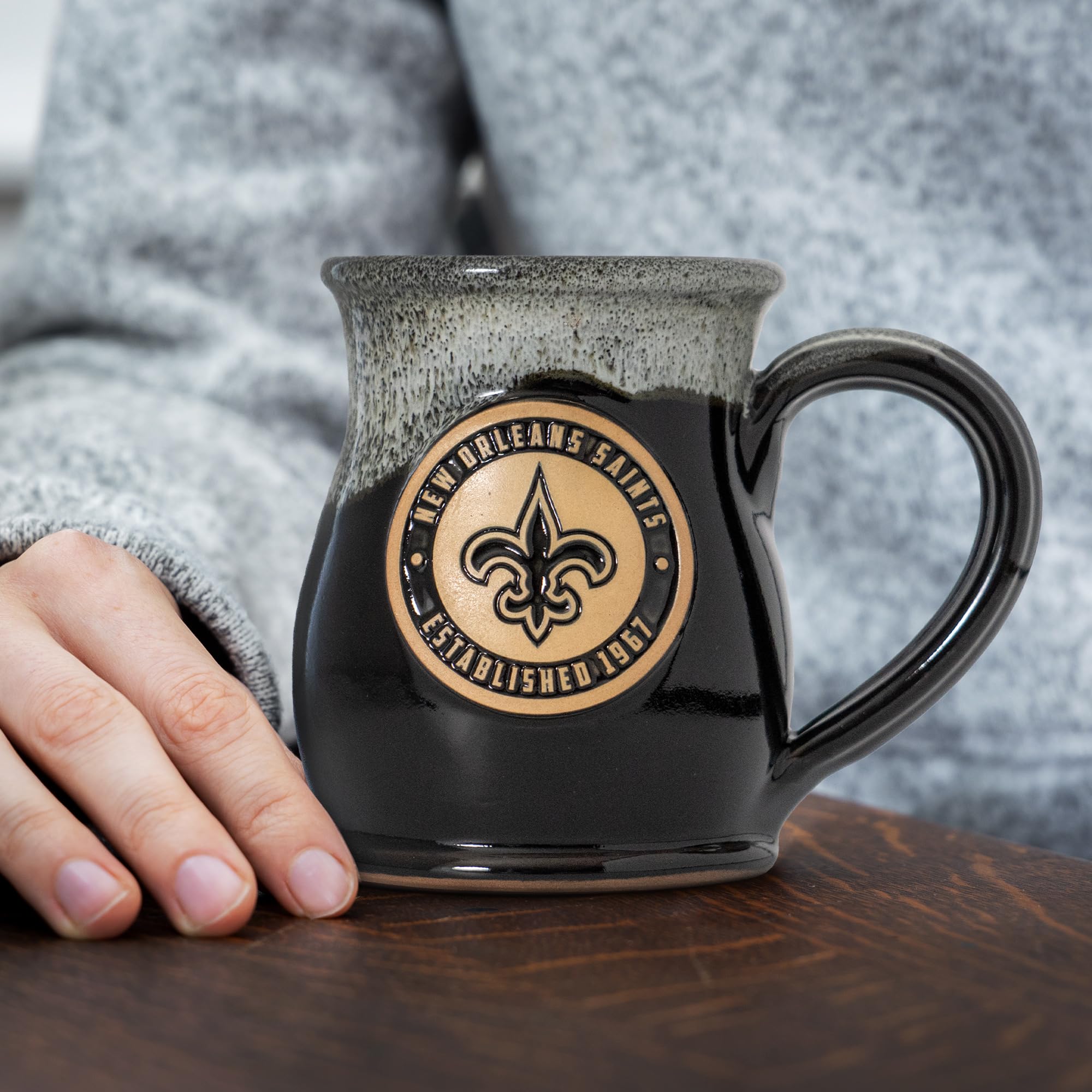 Greater Distance NFL Football New Orleans Saints 14 oz Two-Tone Tall Belly Mug, Handmade Large Ceramic Coffee Mug With Team Logo for True Fans, Premium Deneen Pottery Made in USA