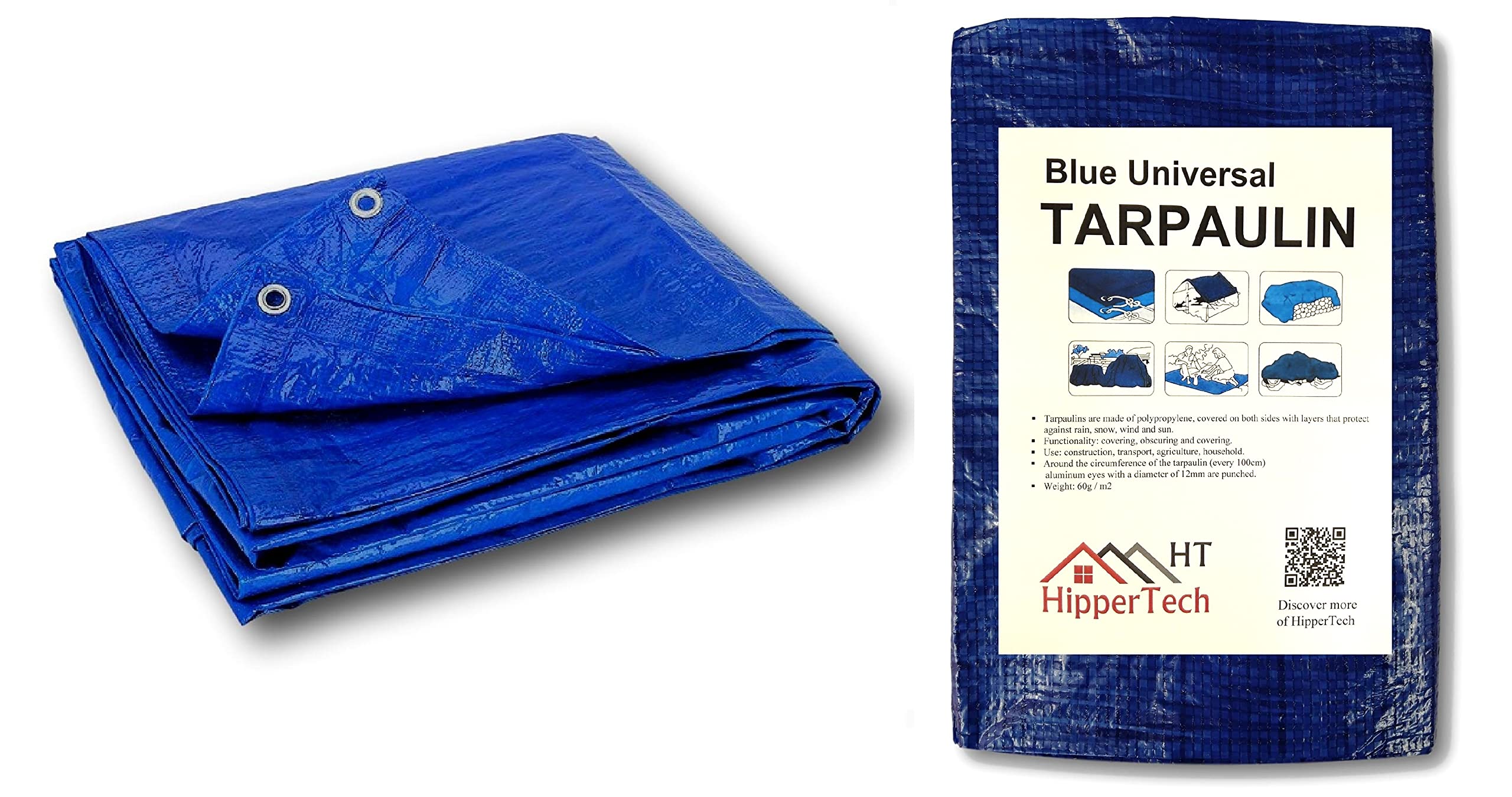 HipperTech 4m x 5m / 13ft x 16ft Blue Waterproof Tarpaulin Tarp Sheet Cover Woven Polyethylene and Laminated 4m x 5m 20m² (13ft x 16ft 208sq ft) 60 GSM – Weight