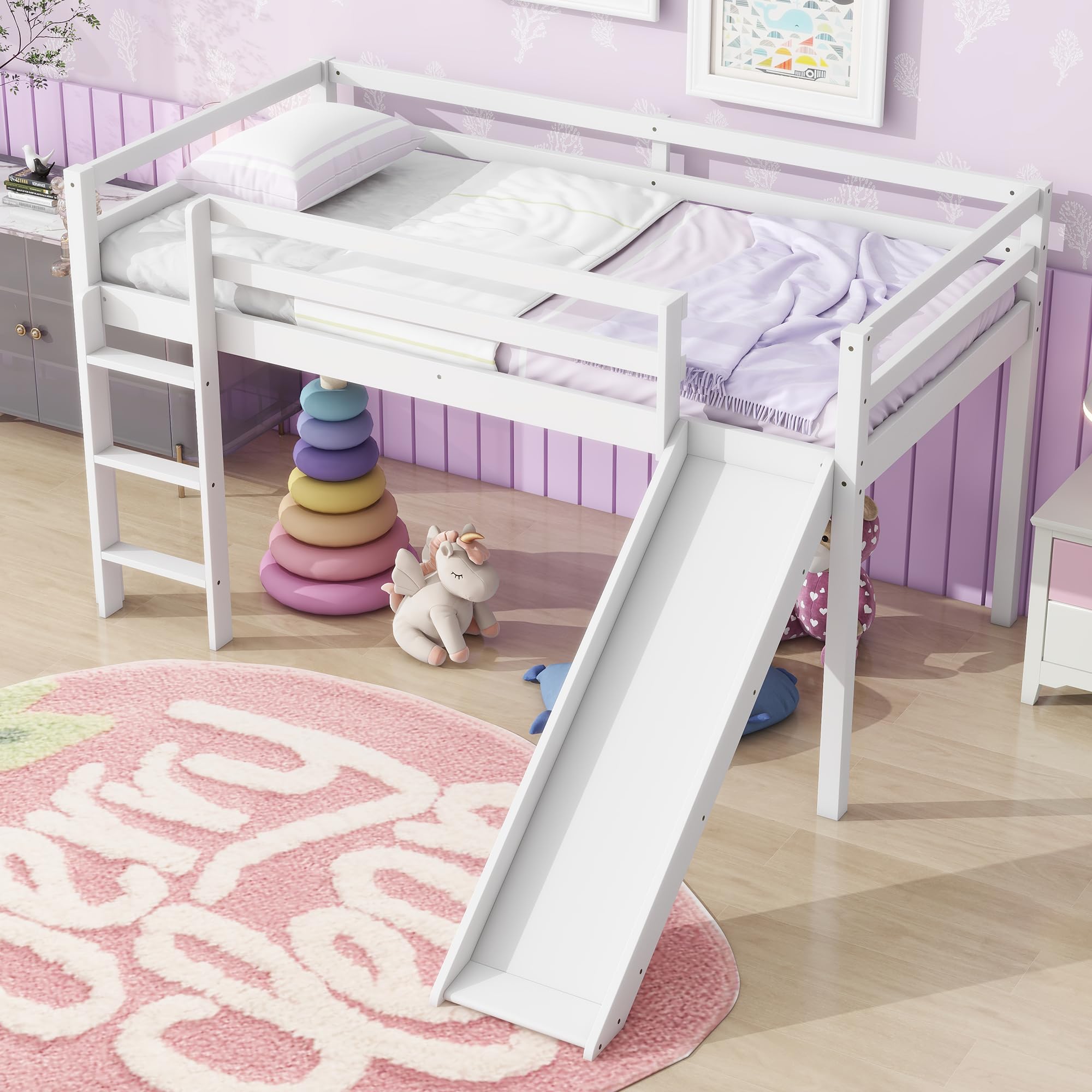BellemaveTwin Size loft Bed for Kids, Kids loft Bed with Slide and Ladder, Wooden loft Bed for Kids, Low loft Bed, White