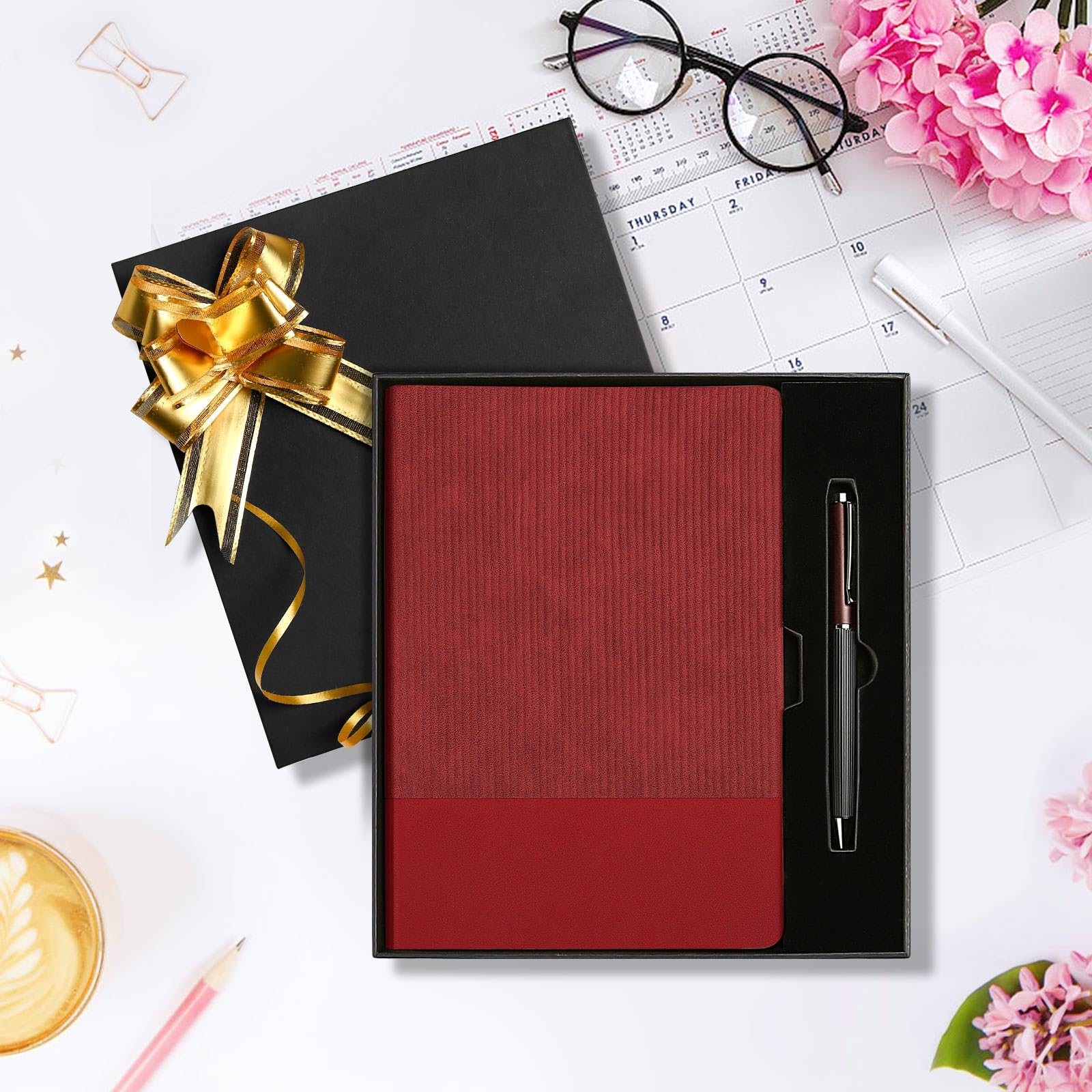 TSFPapier Cuaderno rayado A5 con bolígrafo y caja de regalo, 216 páginas, diarios de piel sintética para mujeres y hombres, papel grueso de 100 g/m², cuaderno con rayas universitarias para escuela