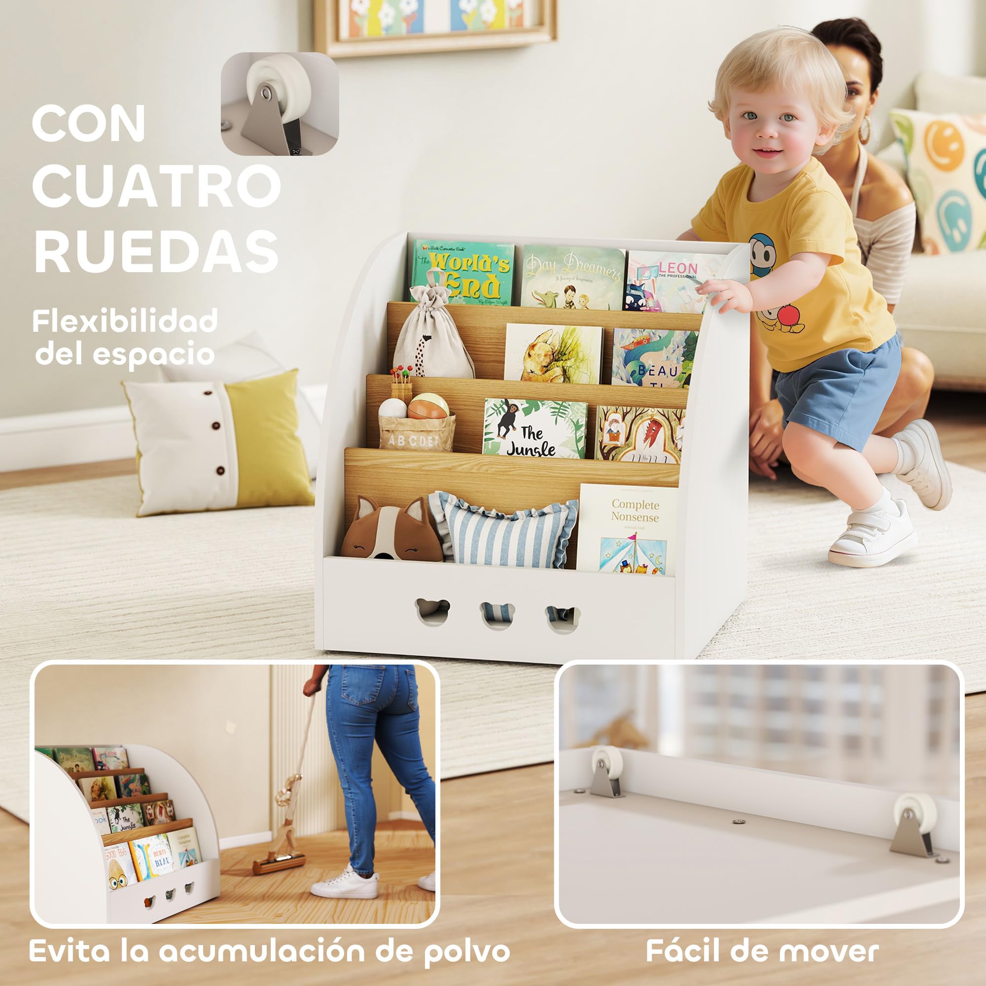 AIYAPLAY Estantería Infantil para Juguetes con Compartimento Oculto Organizador de Juguetes de 4 Niveles con Ruedas para Habitación Infantil Sala de Juegos Guardería Blanco y Natural