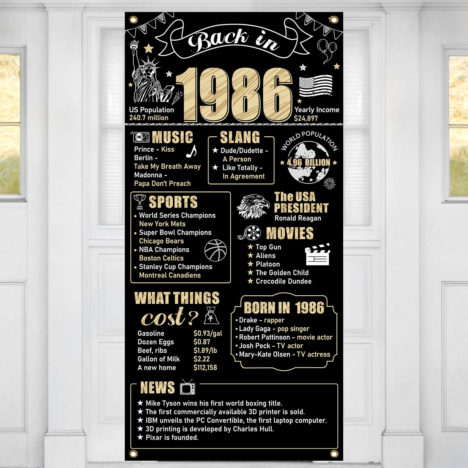 40th Birthday Decorations Back in 1986 Door Banner for Men Women, Black Gold Happy 40 Birthday Door Cover Party Supplies, 40 Year Old Bday Backdrop