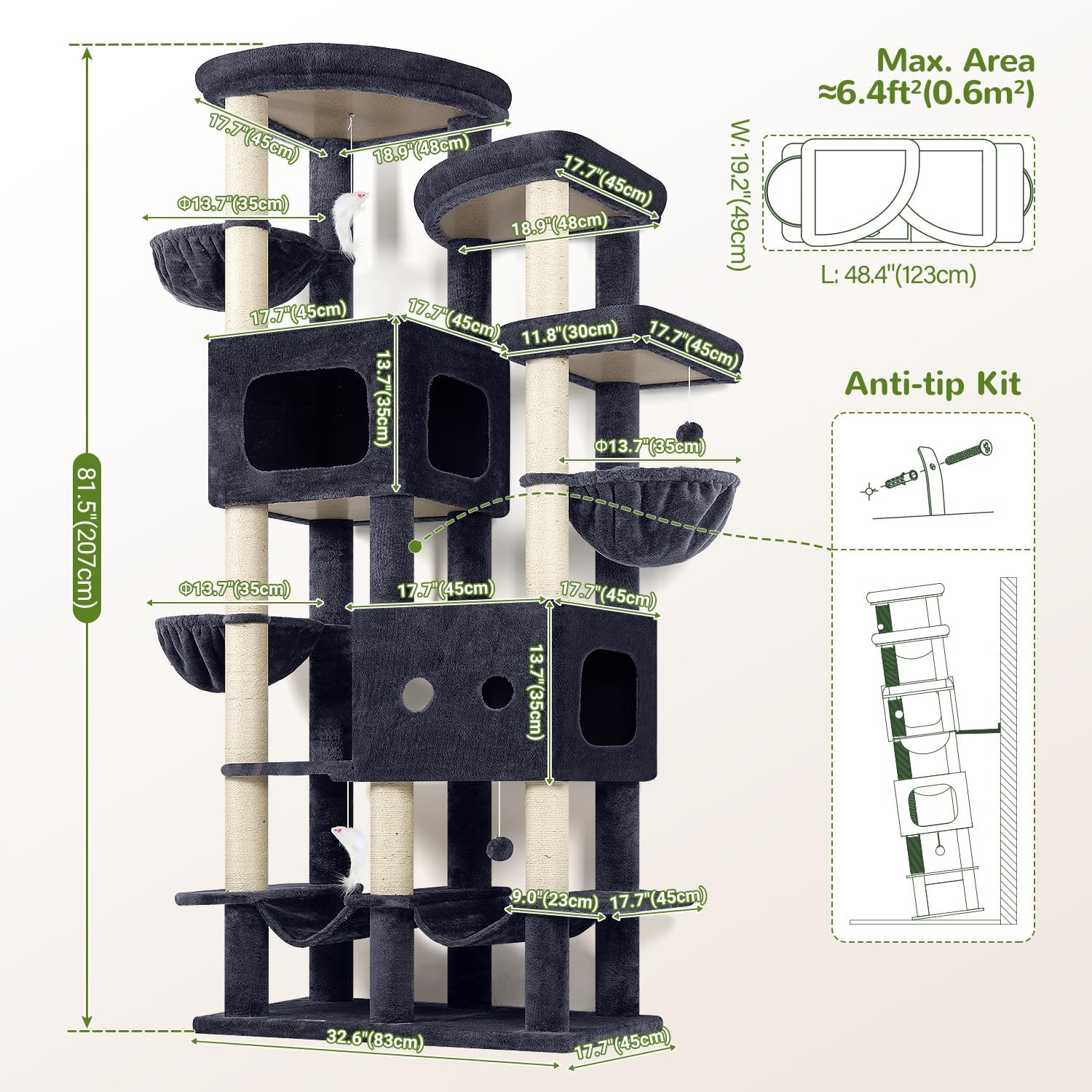 Globlazer 81in Multi-Level Larger Cat Tree Tower Condo Indoor Furniture Activity Center with Oversized Plush Cat Bed/Baskets/Full-Sisal Scratching Posts and Hammock/S81/Dark Gray