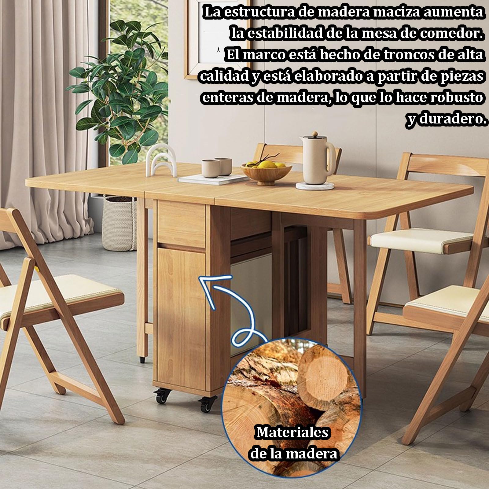 Genérico Juego de Mesa de Comedor Plegable con 4 Sillas | Madera, Extensible, Patas Ajustables, Abatible, Para 6-8 Personas