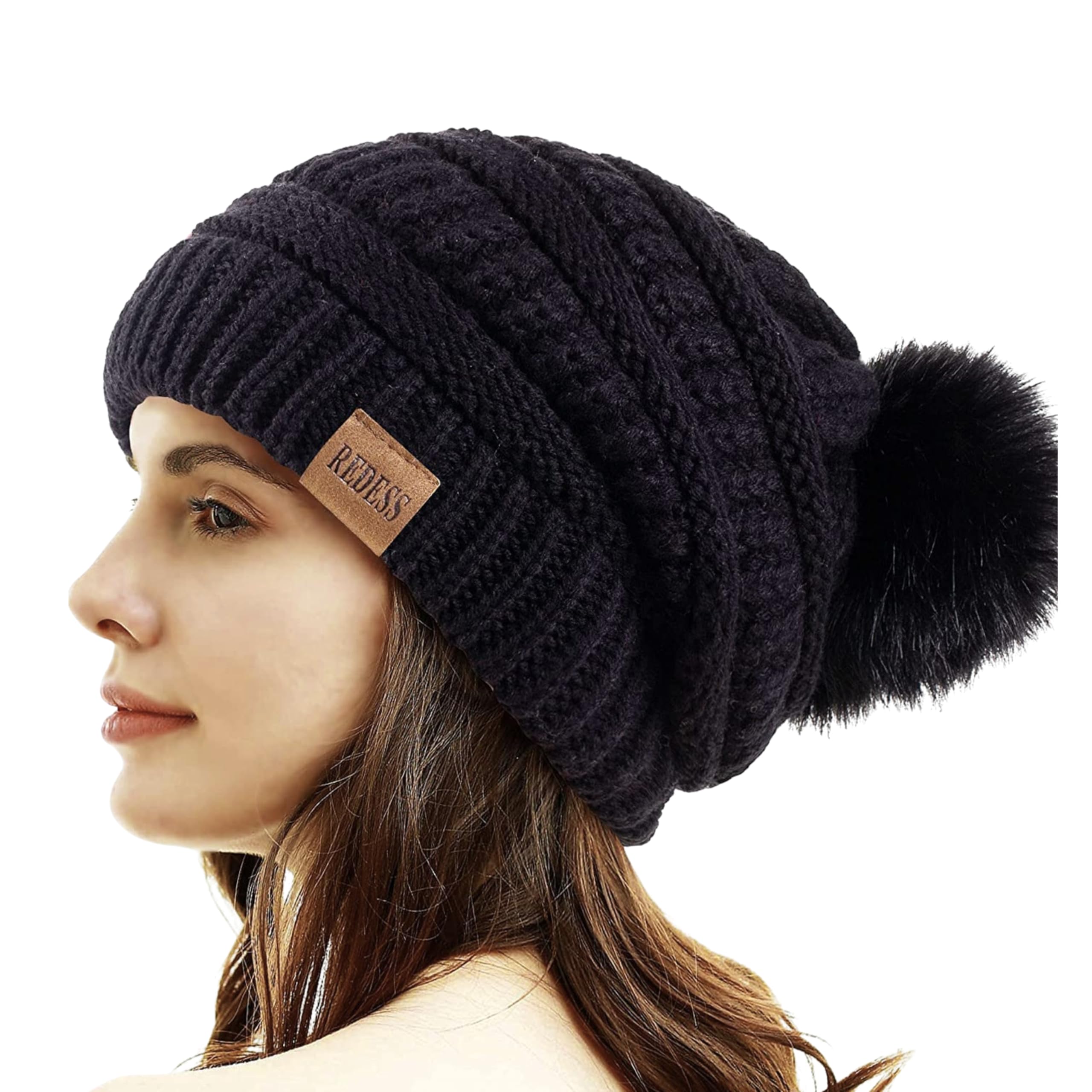 Womens Fleece Lined Slouchy Beanie Chunky Baggy Hat Fur Pompom Winter Soft Warm Cap Knit Beanie - Thick, Soft & Warm