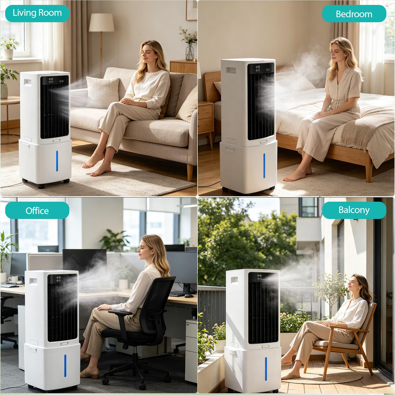 Raffrescatore Oscillante a 90°, Apparecchio Portatile 4 in 1 Senza Tubo con Vaschetta 12L, Flusso d'Aria 800 m³/h, 3 Velocità, Timer 12H