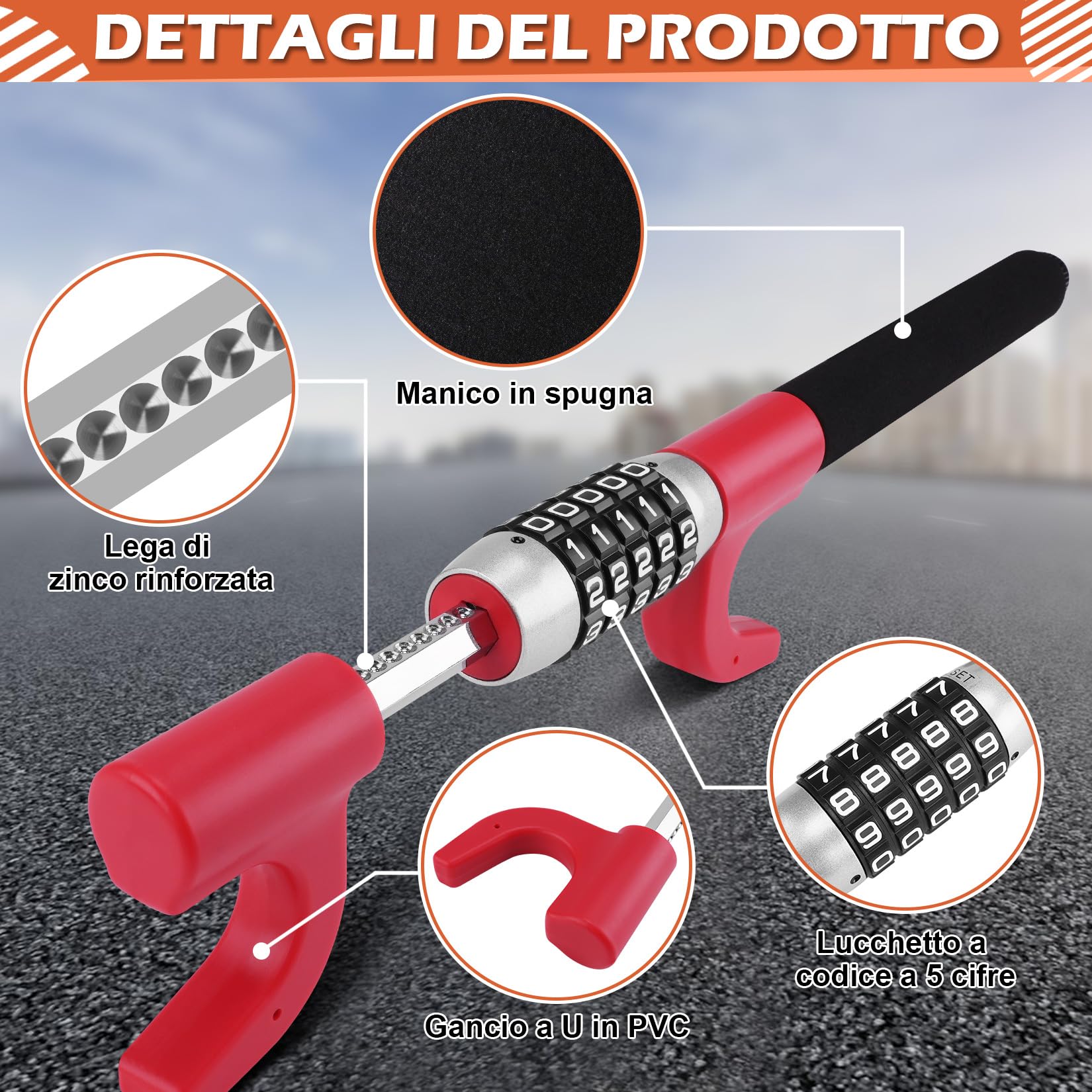 Tevlaphee Antifurto Auto Blocca Sterzo Automobile Bloccasterzo Auto Universale Sicurezza (Rosso)
