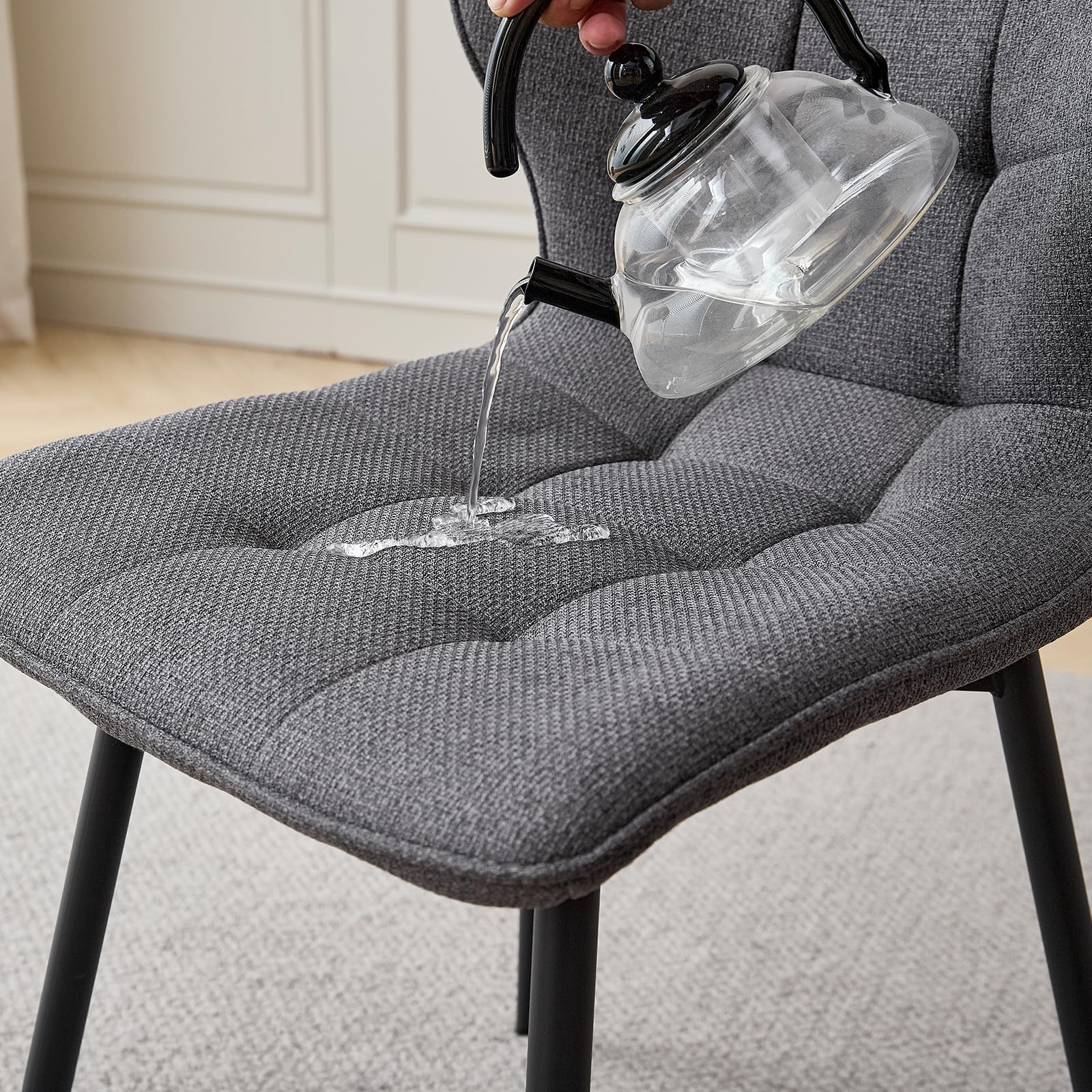 GrandCA HOME Juego de Mesa y Sillas de Comedor, 4 Sillas de Lino Color Gris Oscuro y una Mesa de Comedor Redonda Moderna de 100 cm, Ideal para Cocina, Salón y Cafetería (Diseño de Mármol Blanco 1)