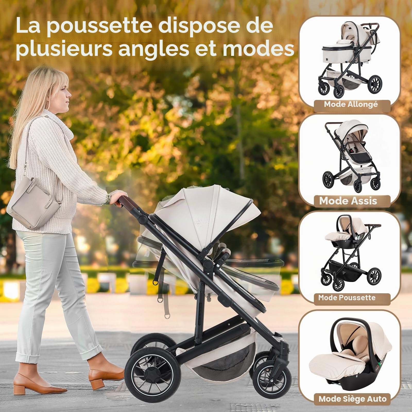 Poussette 3 en 1 Avec Base ISOFIX & Siège Auto, Stroller Bebe Confort, Poussette à Poignée Réglable-Inclut Couvre-Pieds, pour Bébés 0-4 ans,Gris foncé