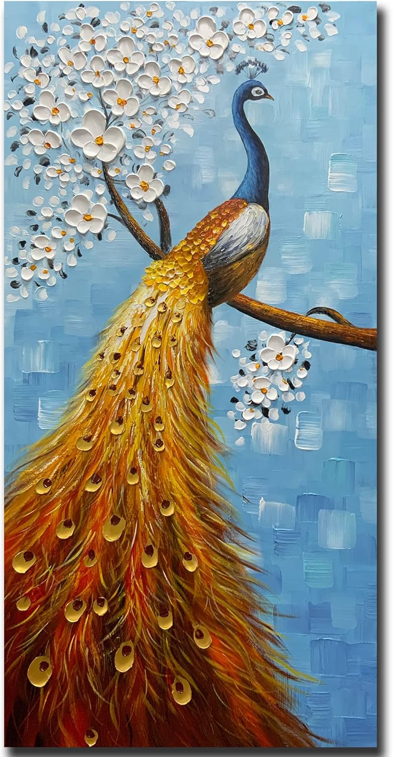 Yotree Paintings, 24x48 Inch Paintings Peacock on the Flowers Tree Oil Hand Painting 3D Hand-Painted On Canvas Abstract Artwork Art Wood Inside Framed Hanging Wall Decoration Abstract Wall Art